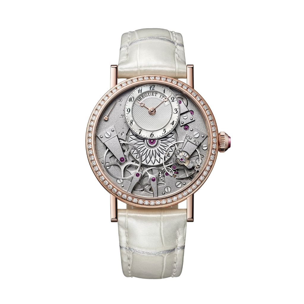 Breguet Tradition 37 mm White Mother-Of-Pearl Dial 18k Rose Gold White Leather Strap 7038BR/18/9V6/D00D - WATCHXNYC