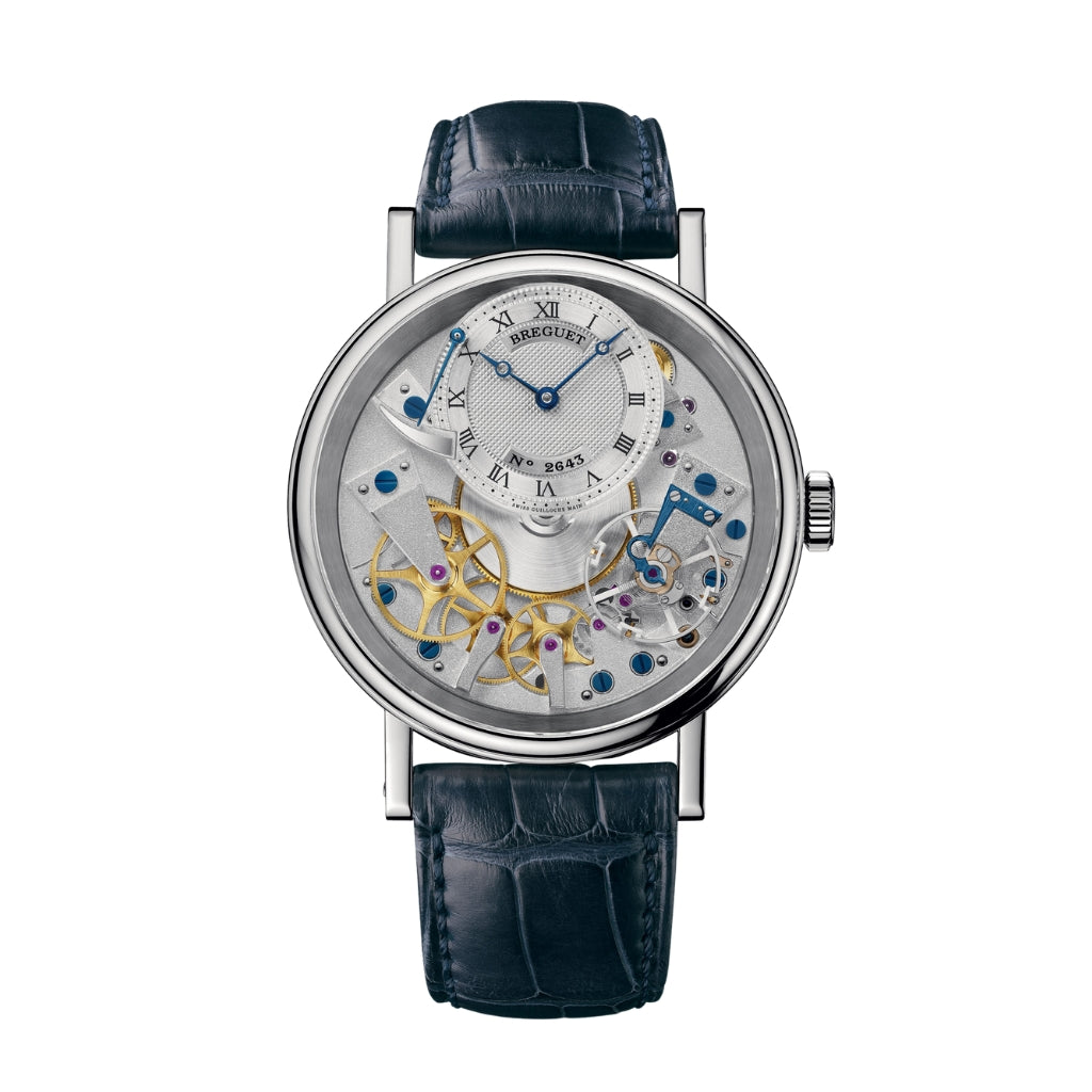 Breguet Tradition 40 mm Silver Dial White Gold Blue Leather Strap 7057BB/11/9W6 - WATCHXNYC
