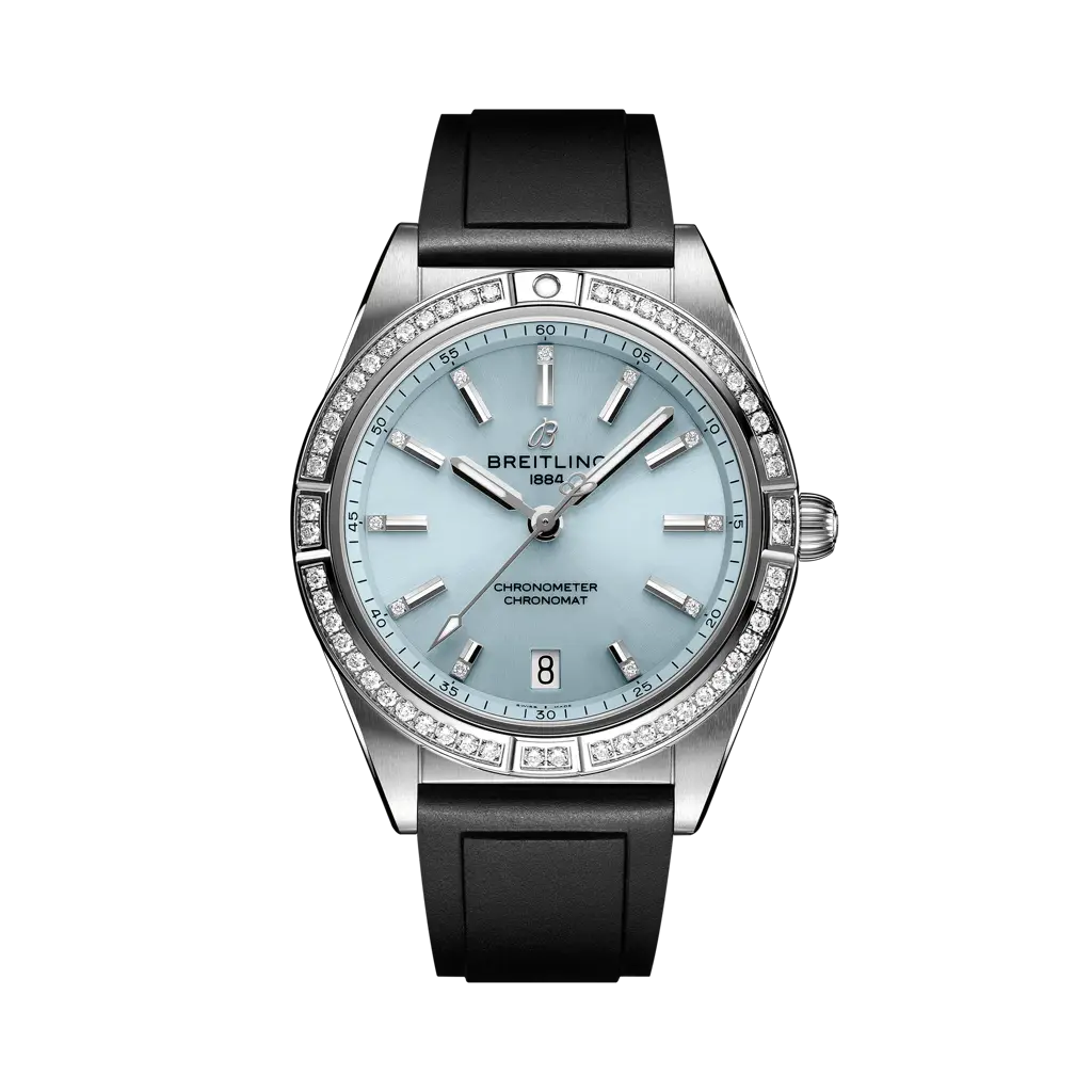 Breitling Chronomat Automatic 36 mm Ice-Blue Dial Stainless Steel & 18K White Gold Black Rubber Strap G10380591C1S1 - WATCHXNYC