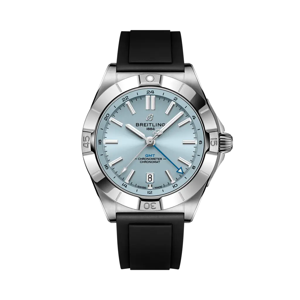 Breitling Chronomat Automatic GMT 40 mm Ice-Blue Dial Stainless Steel & Platinum Black Rubber Strap P32398101C1S1 - WATCHXNYC
