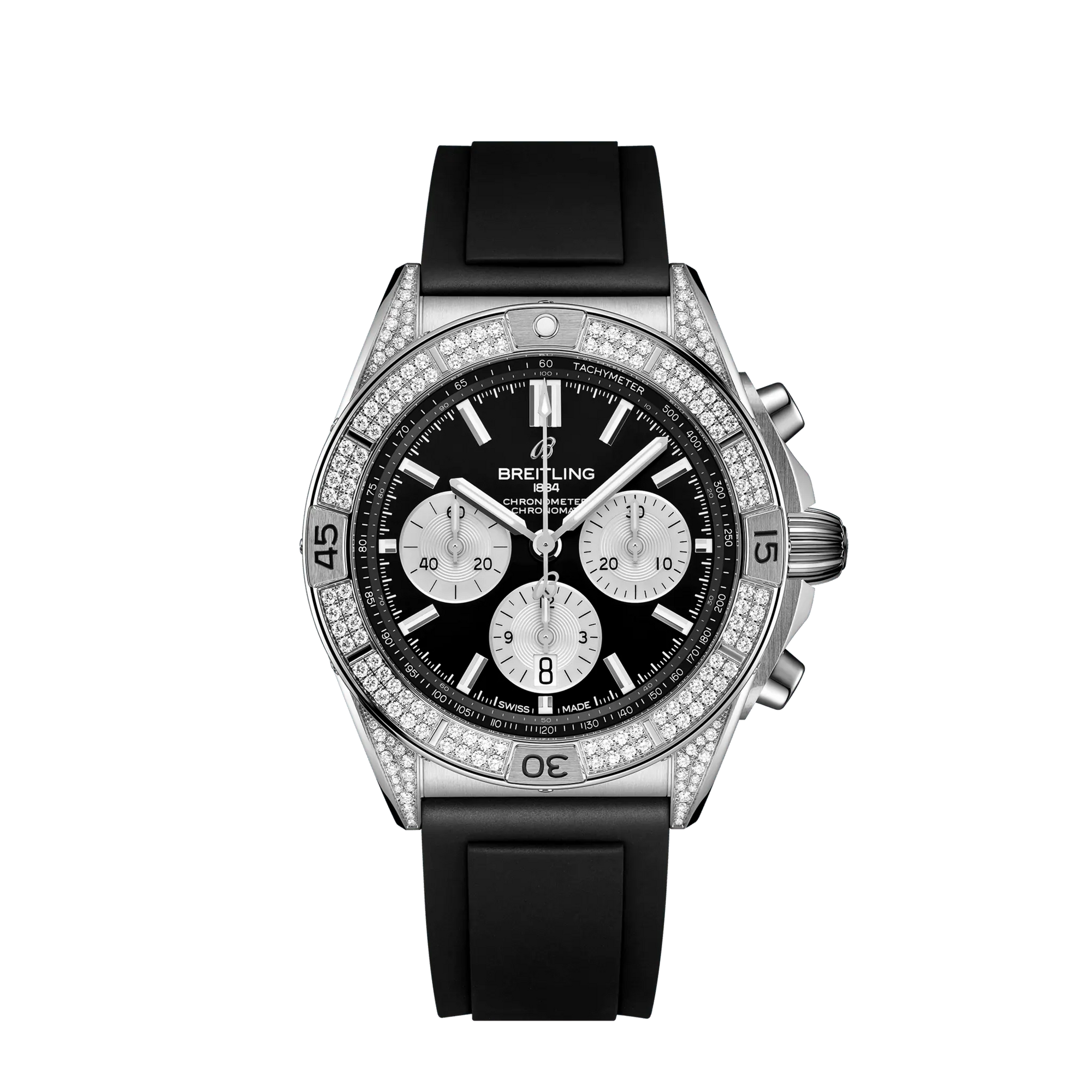 Breitling Chronomat B01 42 mm Black Dial Stainless Steel (Gem-Set) Black Rubber Strap AB0134721B1S1 - WATCHXNYC