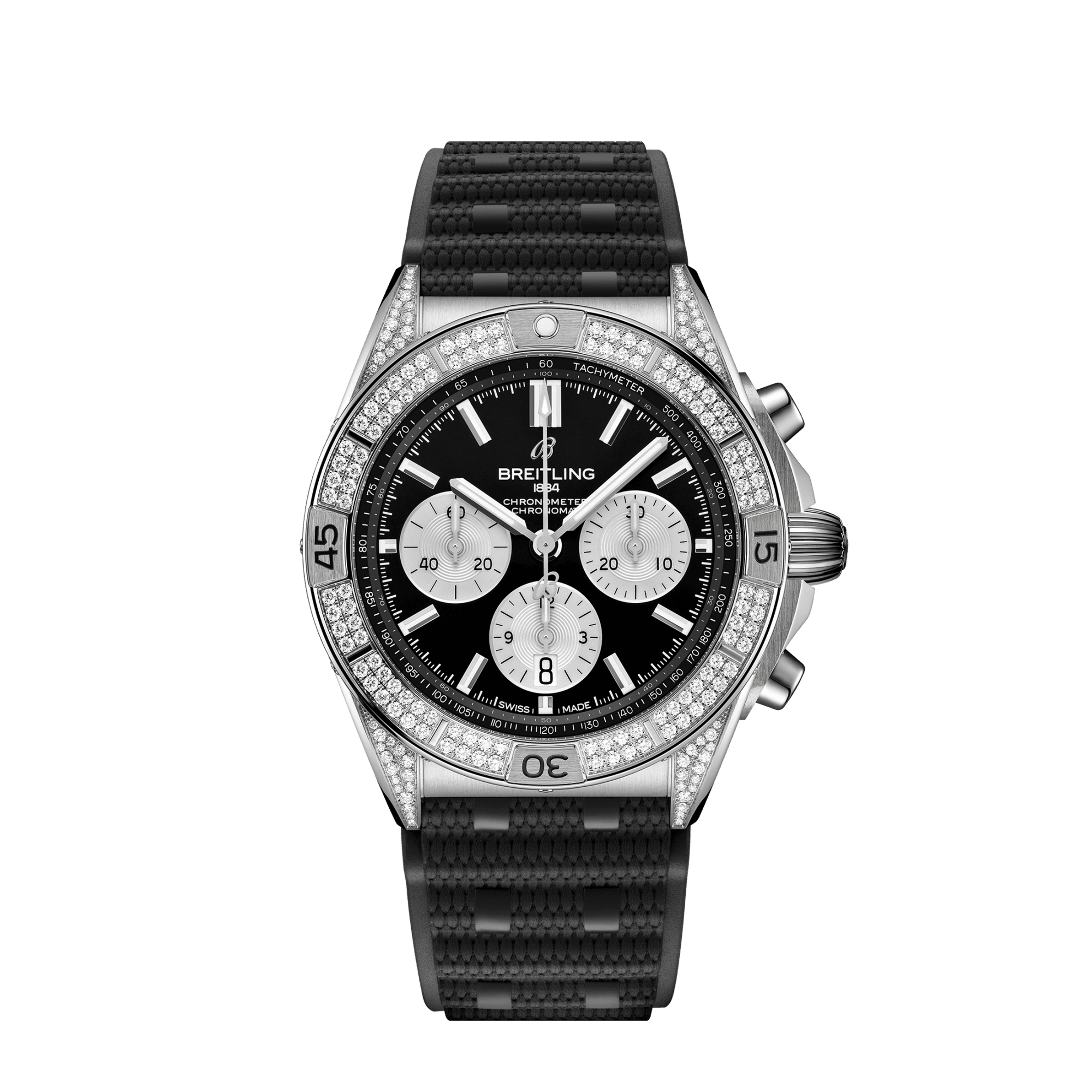 Breitling Chronomat B01 42 mm Black Dial with Diamonds Stainless Steel (Gem-Set) Black Rubber Strap AB0134721B1S2 - WATCHXNYC