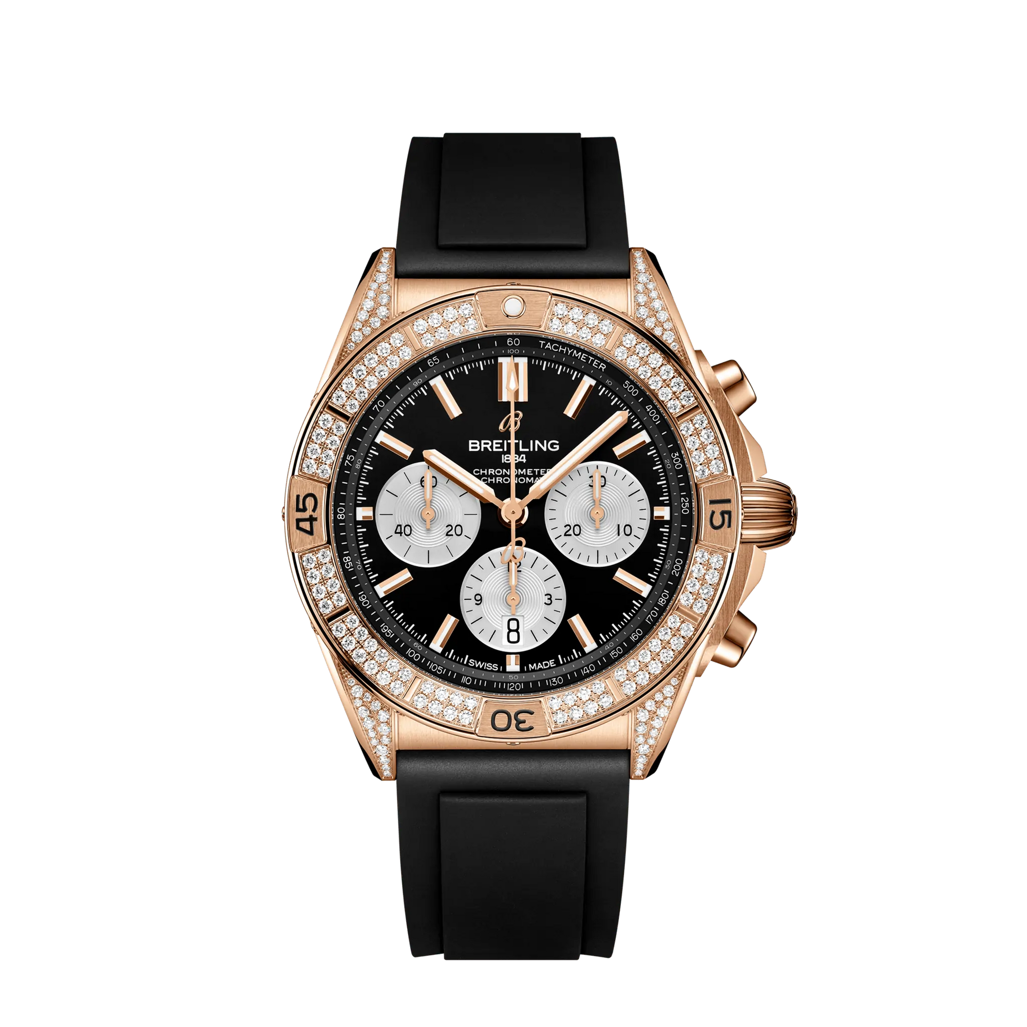 Breitling Chronomat B01 42 mm Silver and Black Dial 18K Red Gold (Gem-Set) Black Rubber Strap RB0134721B1S1 - WATCHXNYC