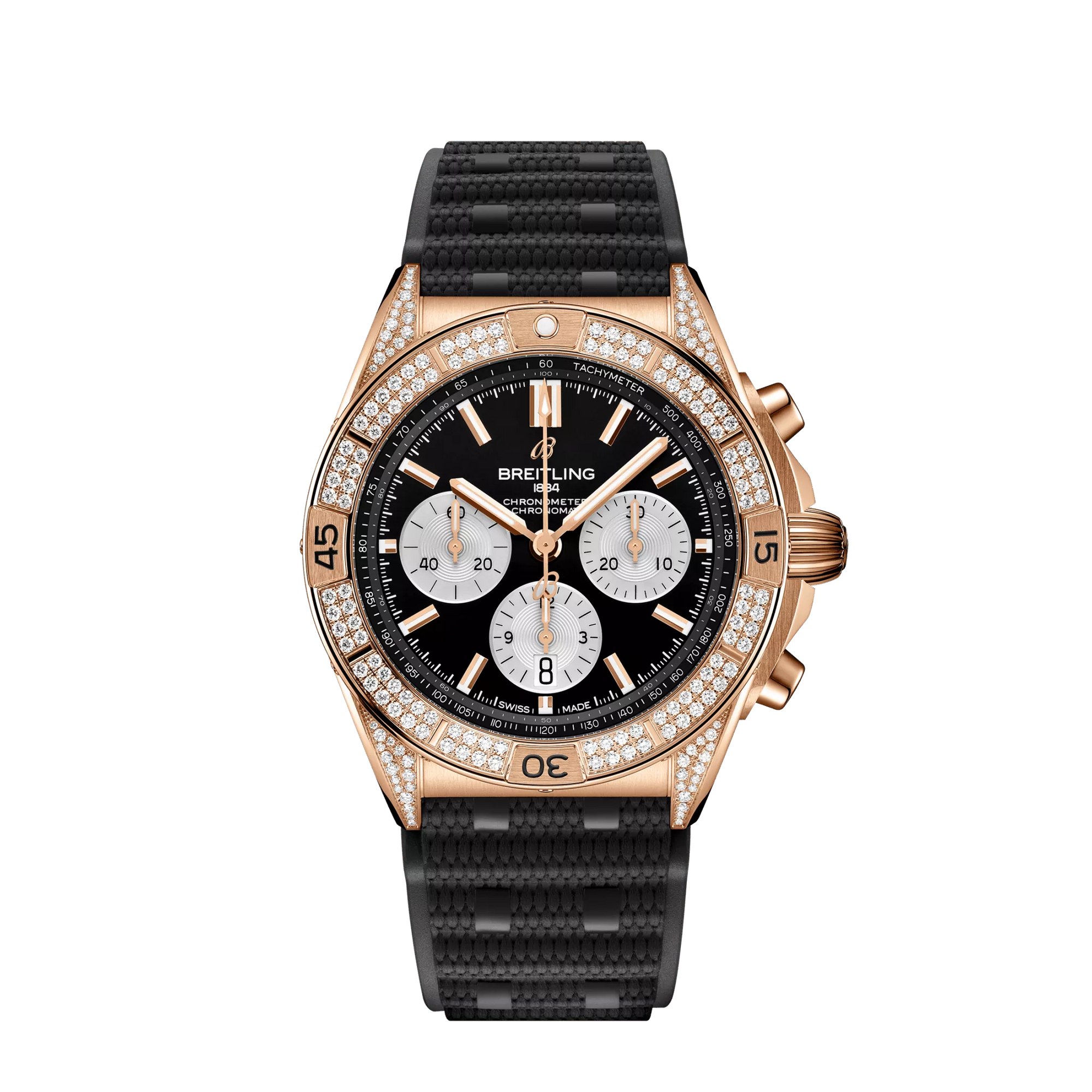 Breitling Chronomat B01 42 mm Silver and Black Dial 18K Red Gold (Gem-Set) Black Rubber Strap RB0134721B1S2 - WATCHXNYC