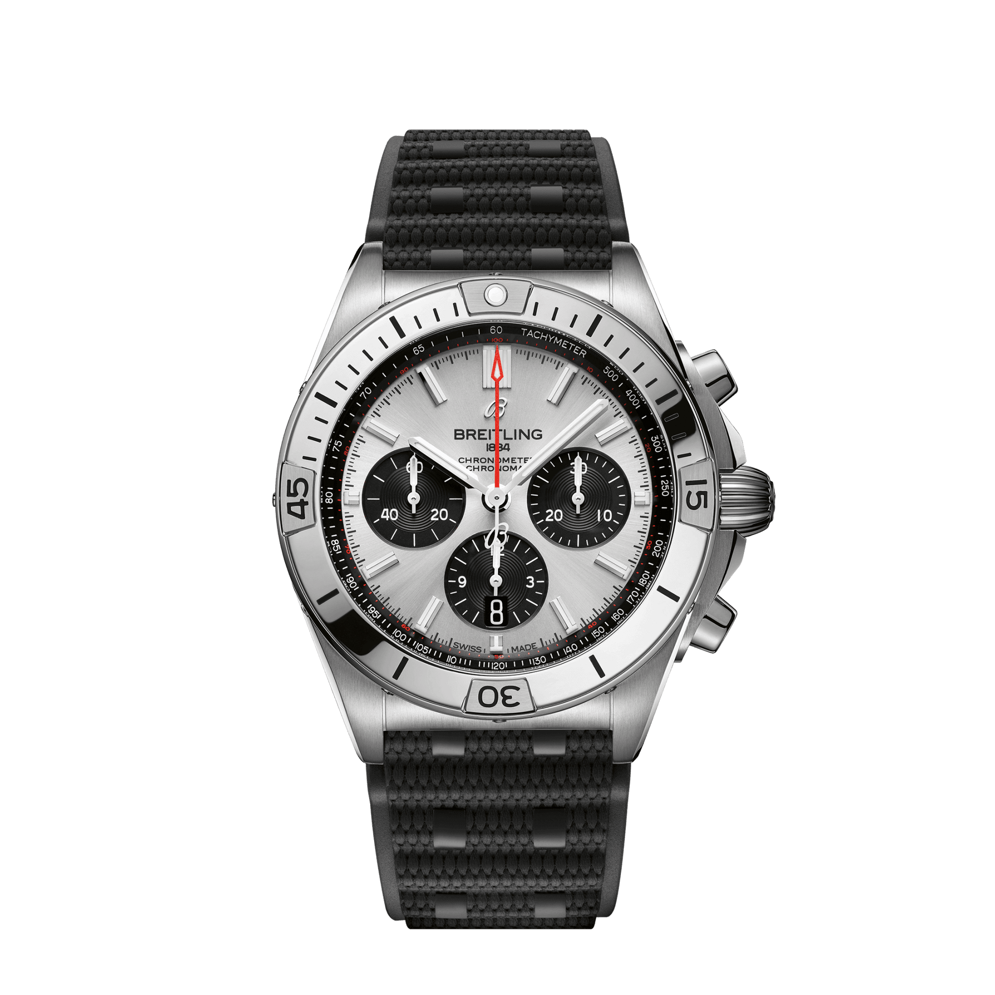 Breitling Chronomat B01 42 mm Silver and Black Dial Stainless Steel Black Strap AB0134101G1S2 - WATCHXNYC