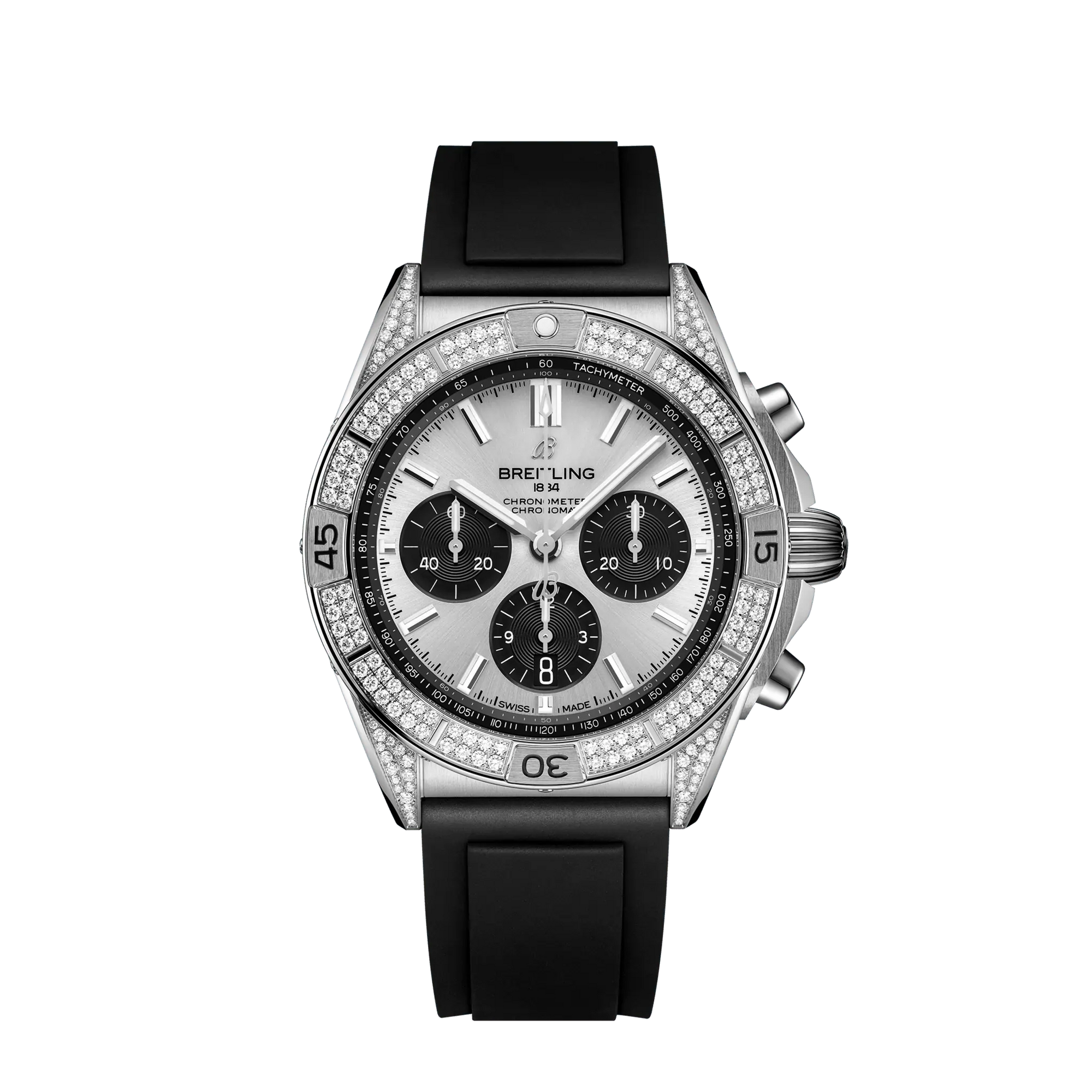Breitling Chronomat B01 42 mm Silver and Black Dial Stainless Steel (Gem-Set) Black Rubber Strap AB0134721G1S1 - WATCHXNYC