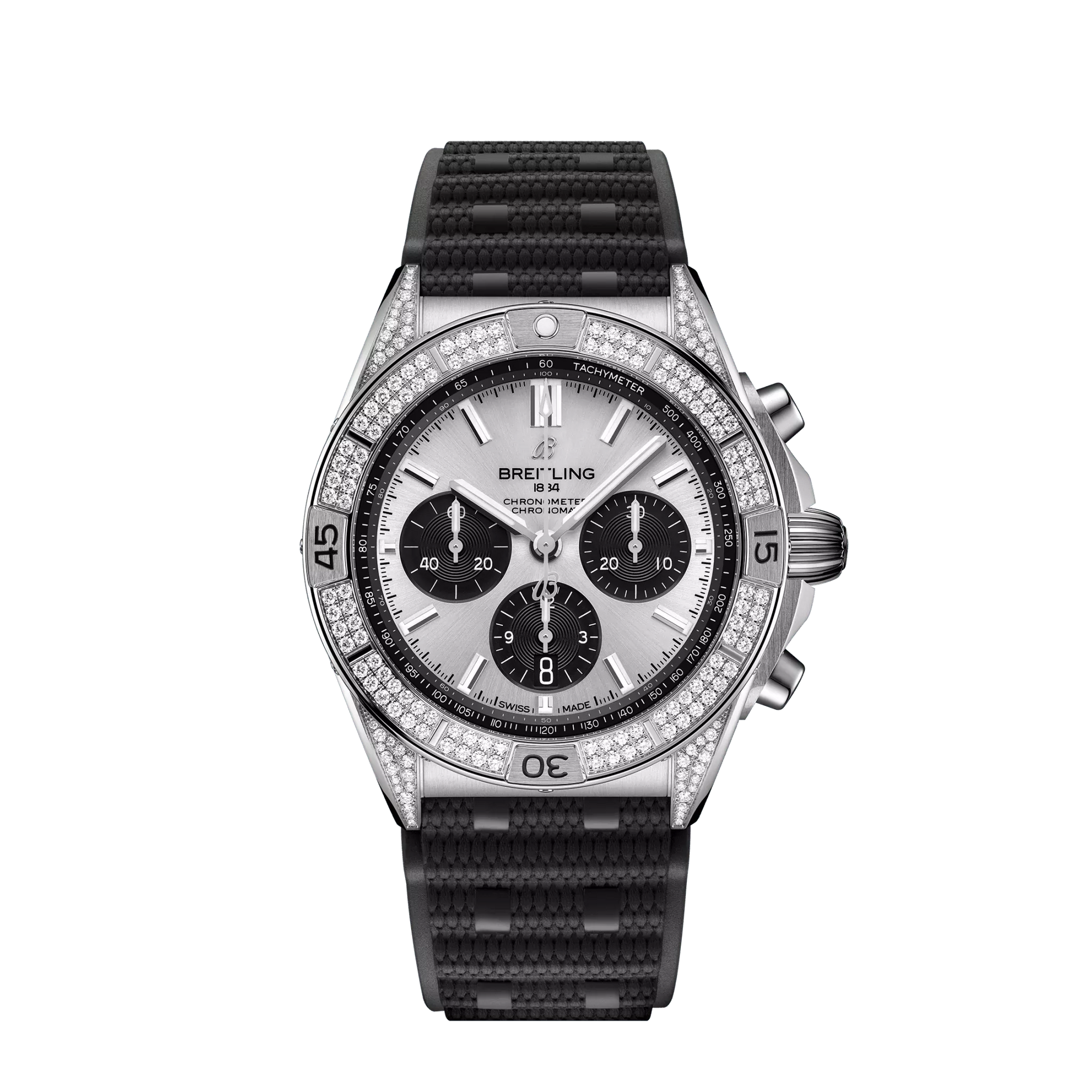 Breitling Chronomat B01 42 mm Silver and Black Dial Stainless Steel (Gem-Set) Black Rubber Strap AB0134721G1S2 - WATCHXNYC