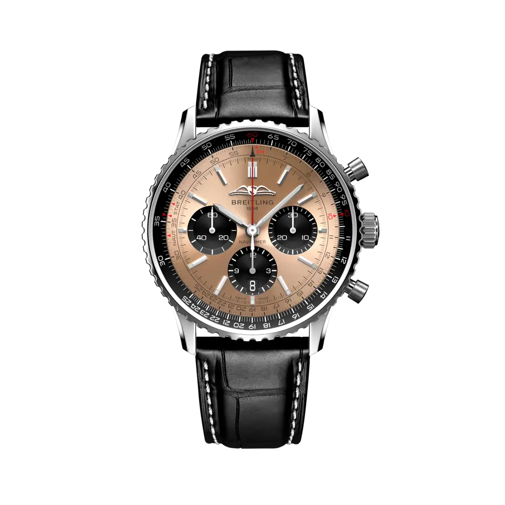 Breitling Navitimer B01 Chronograph 43 mm Black And Pink Dial Stainless Steel Leather Strap AB0138241K1P1 - WATCHXNYC