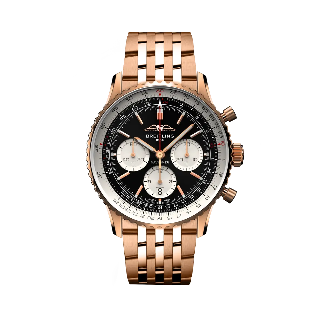 Breitling Navitimer B01 Chronograph 43 mm White With Black  Dial 18K Red Gold Bracelet RB0138211B1R1 - WATCHXNYC