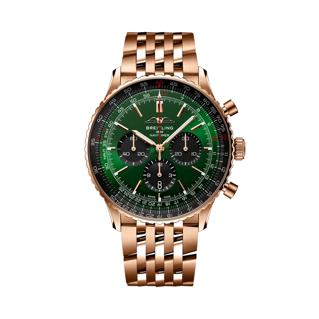 Breitling Navitimer B01 Chronograph 46 mm Black And Green Dial 18K Red Gold Bracelet RB0137241L1R1 - WATCHXNYC