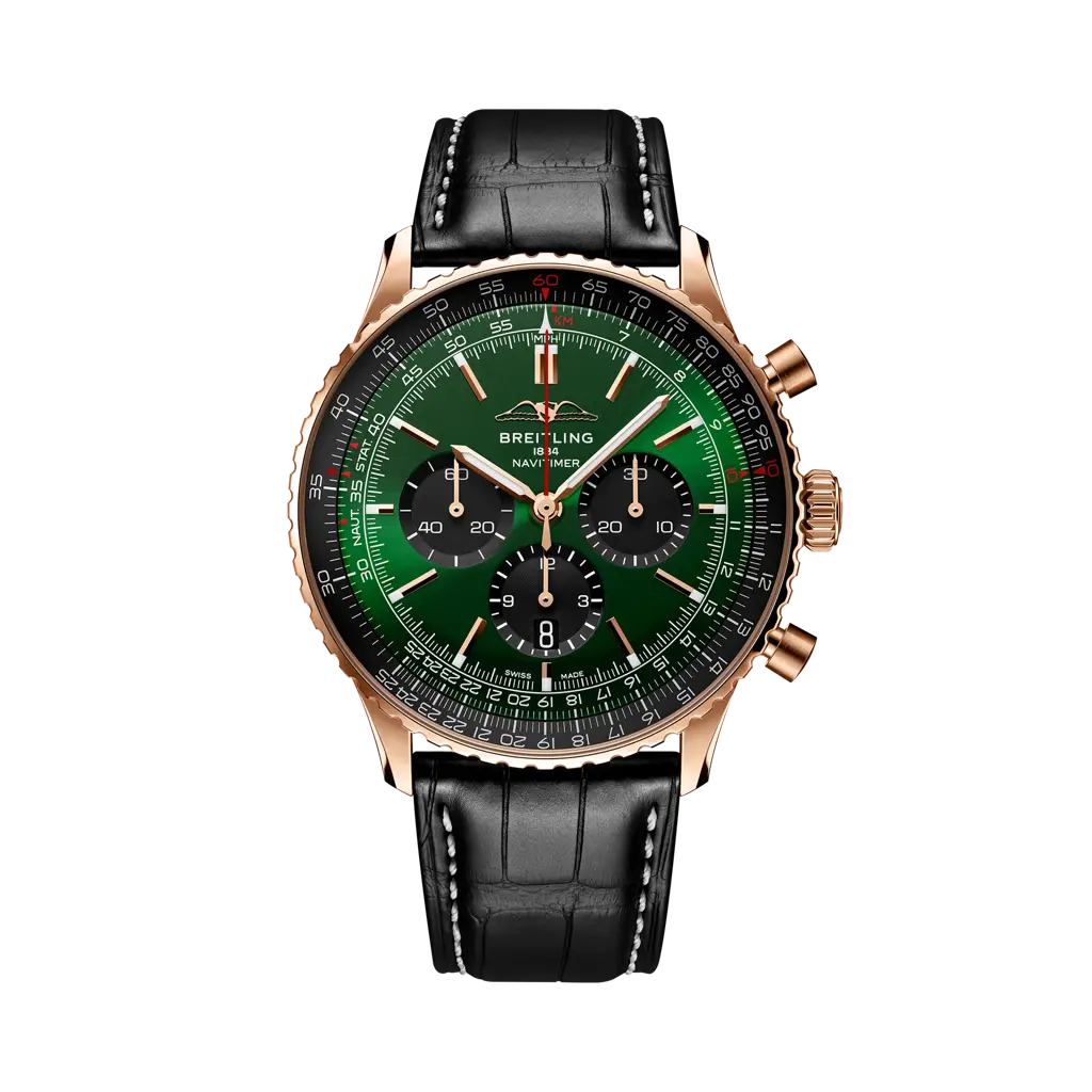 Breitling Navitimer B01 Chronograph 46 mm Black And Green Dial 18K Red Gold   Leather Strap RB0137241L1P1 - WATCHXNYC