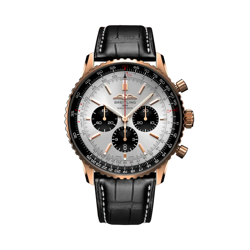 Breitling Navitimer B01 Chronograph 46 mm Black And White Dial 18K Red Gold Leather Strap RB0137241G1P1 - WATCHXNYC