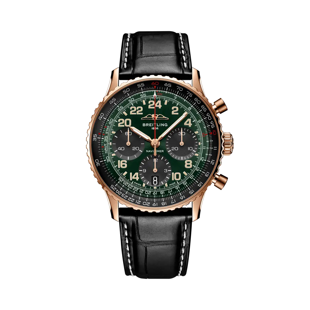 Breitling Navitimer B12 Chronograph Cosmonaute 41 mm Black And Green Dial 18K Red Gold   Leather Strap RB12302A1L1P1 - WATCHXNYC