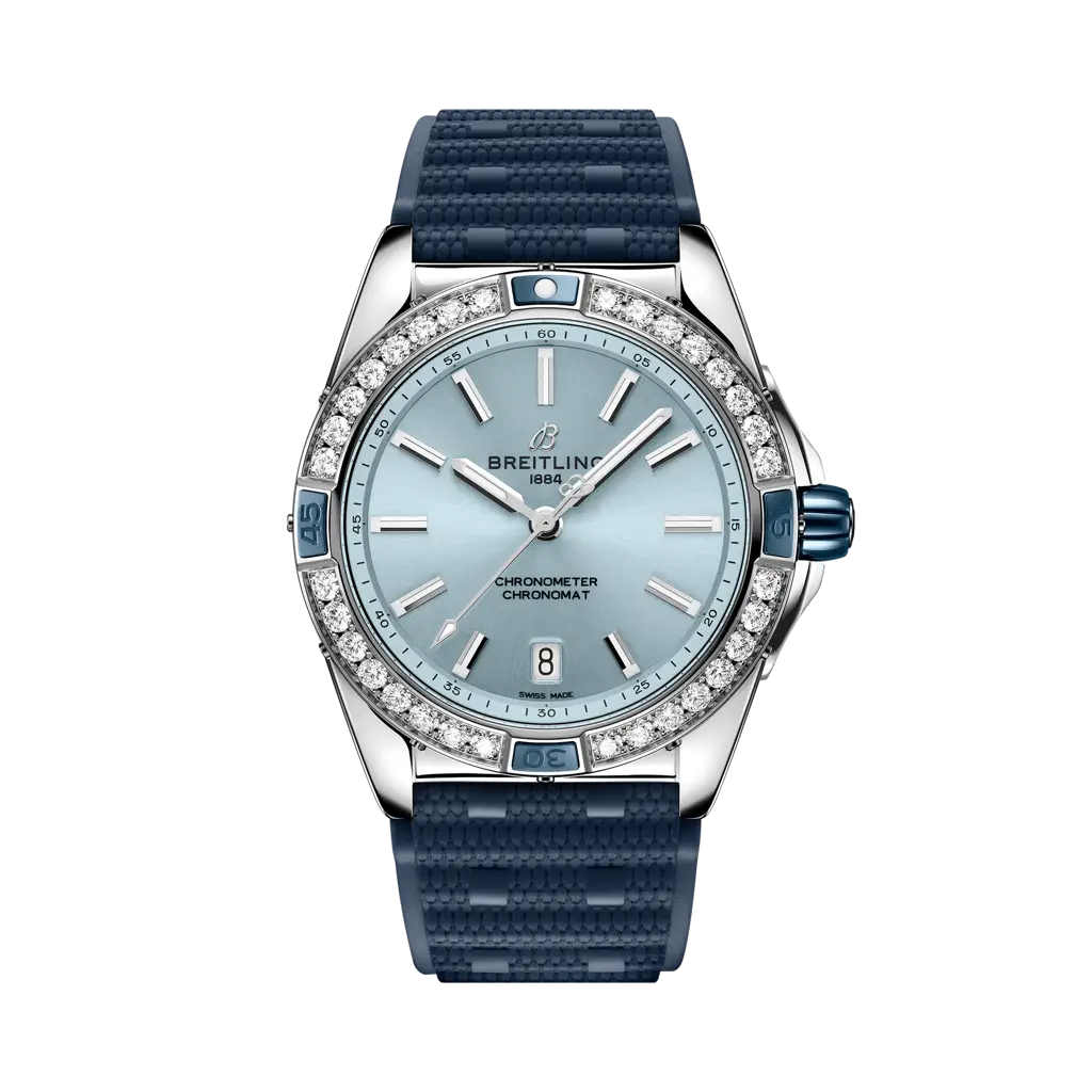 Breitling Super Chronomat Automatic 38 mm Ice-Blue Dial Stainless Steel Blue Rubber Strap A17356531C1S1 - WATCHXNYC