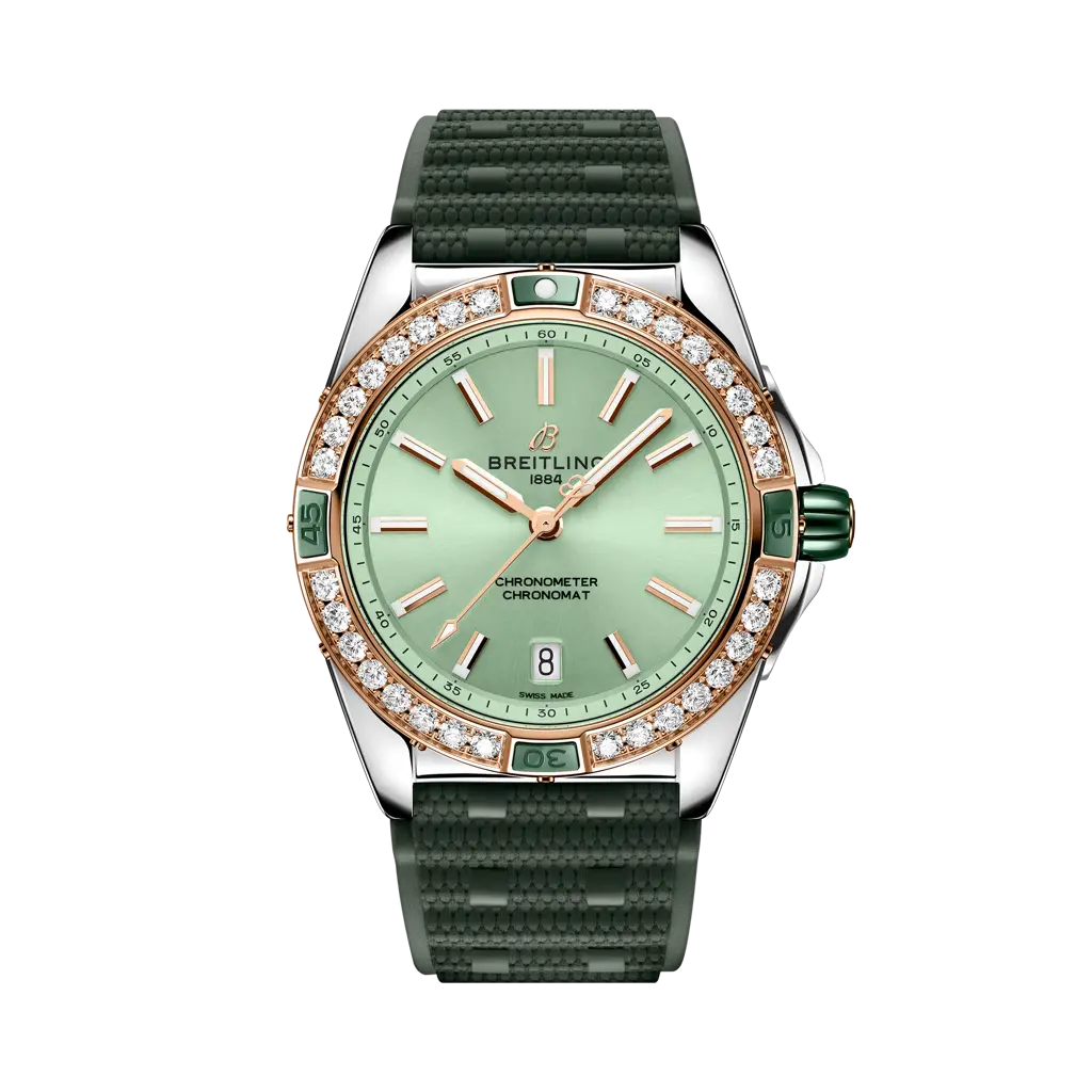 Breitling Super Chronomat Automatic 38 mm Light Green Dial Stainless Steel & 18K Red Gold Green Rubber Strap U17356531L1S1 - WATCHXNYC