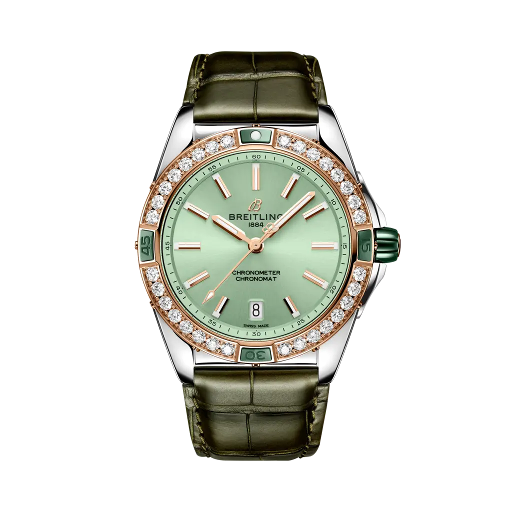 Breitling Super Chronomat Automatic 38 mm Light Green Dial Stainless Steel & 18K Red Gold   Leather Strap U17356531L1P1 - WATCHXNYC