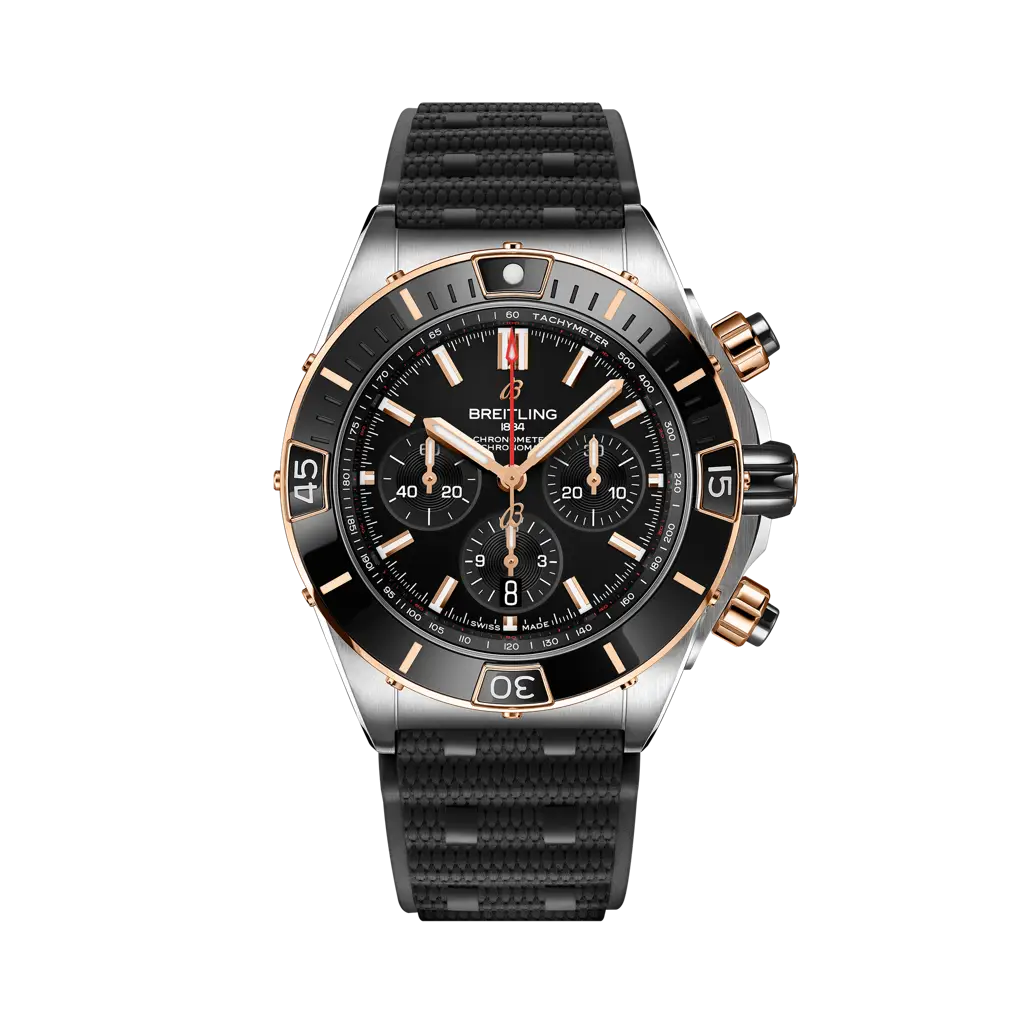 Breitling Super Chronomat B01 44 mm Black Dial Stainless Steel & 18K Red Gold Black Rubber Strap UB0136251B1S1 - WATCHXNYC