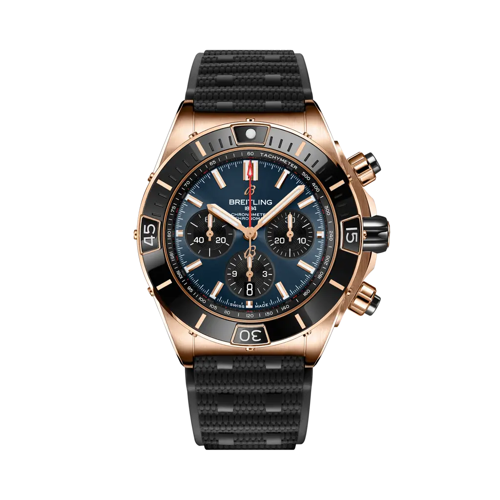 Breitling Super Chronomat B01 44 mm Blue and Black Dial 18K Red Gold Black Rubber Strap RB01362A1C1S1 - WATCHXNYC