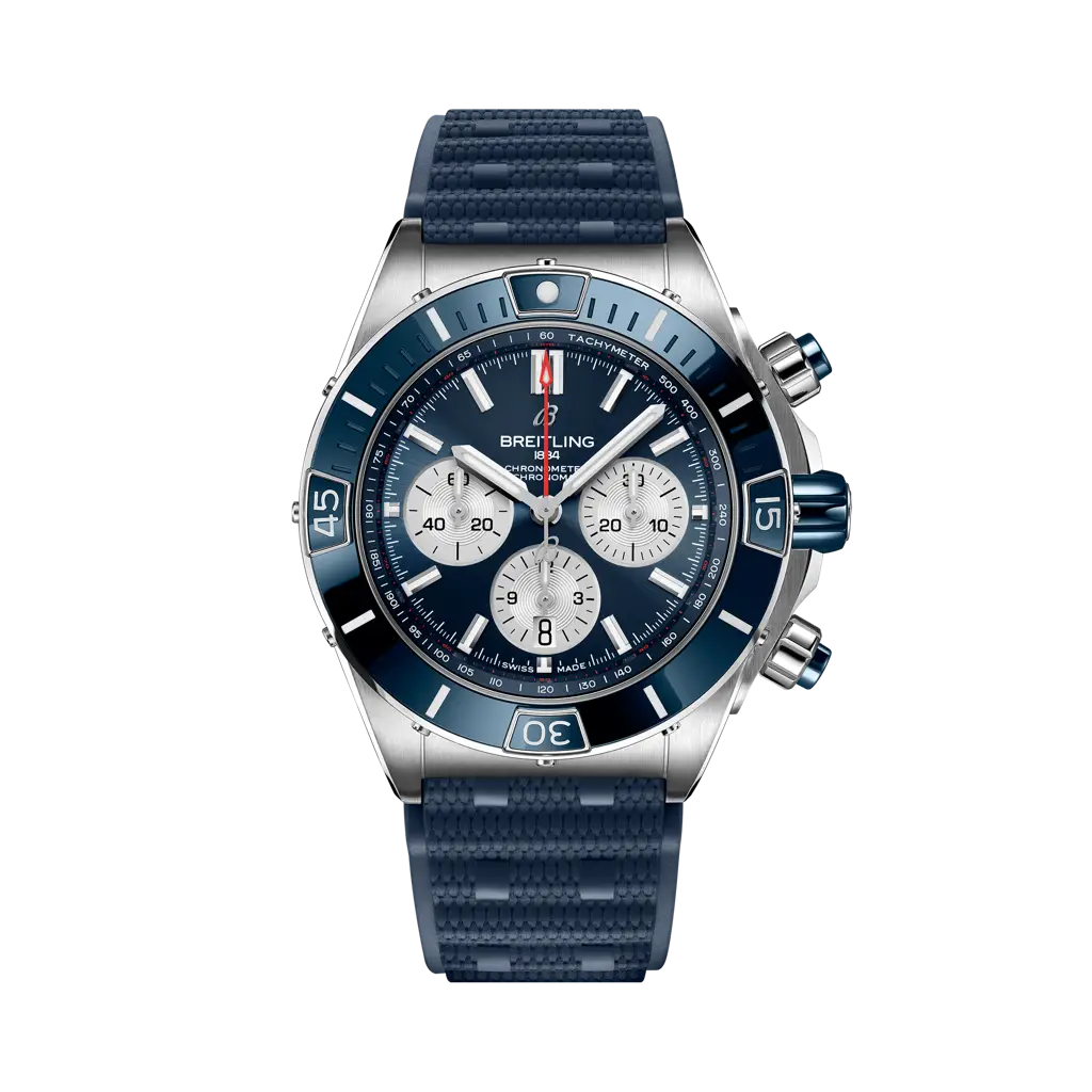 Breitling Super Chronomat B01 44 mm Blue Dial Stainless Steel Blue Rubber Strap AB0136161C1S1 - WATCHXNYC