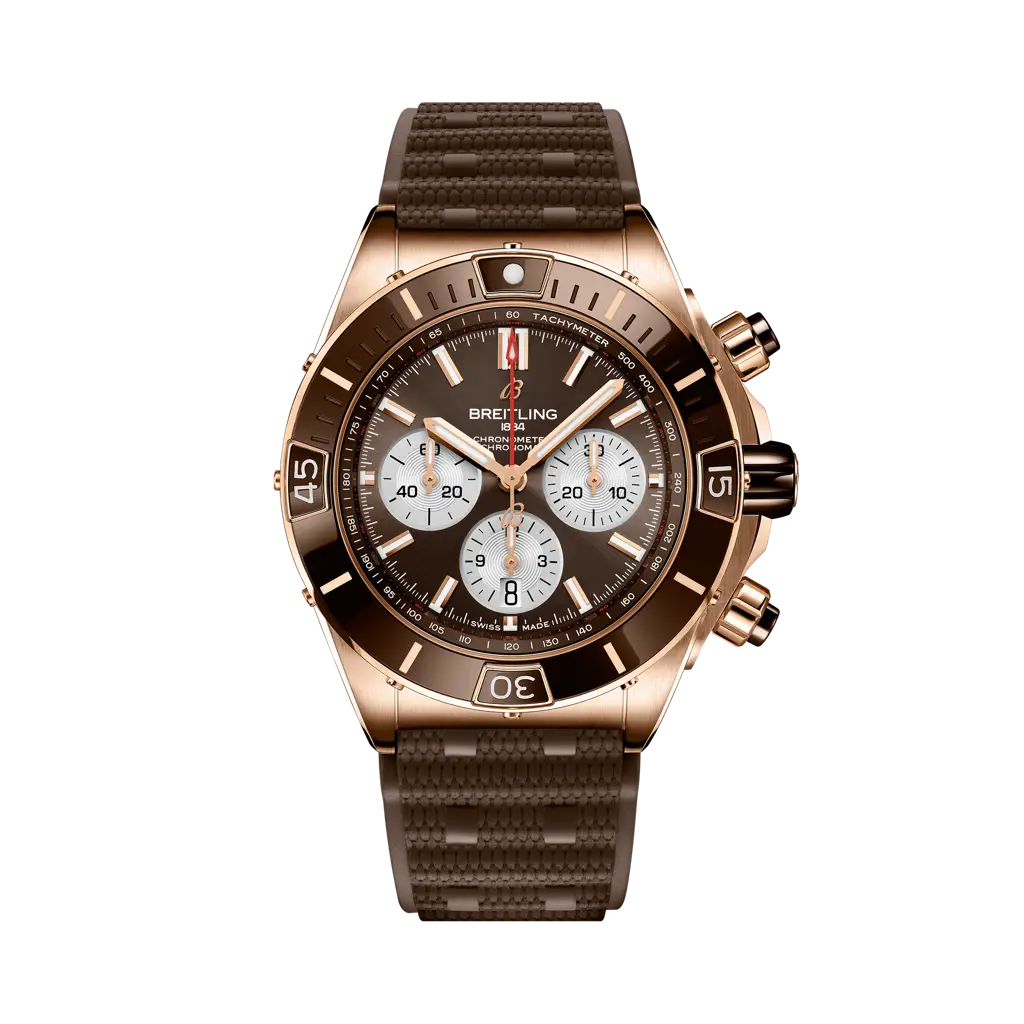 Breitling Super Chronomat B01 44 mm Brown Dial 18K Red Gold Brown Rubber Strap RB0136E31Q1S1 - WATCHXNYC