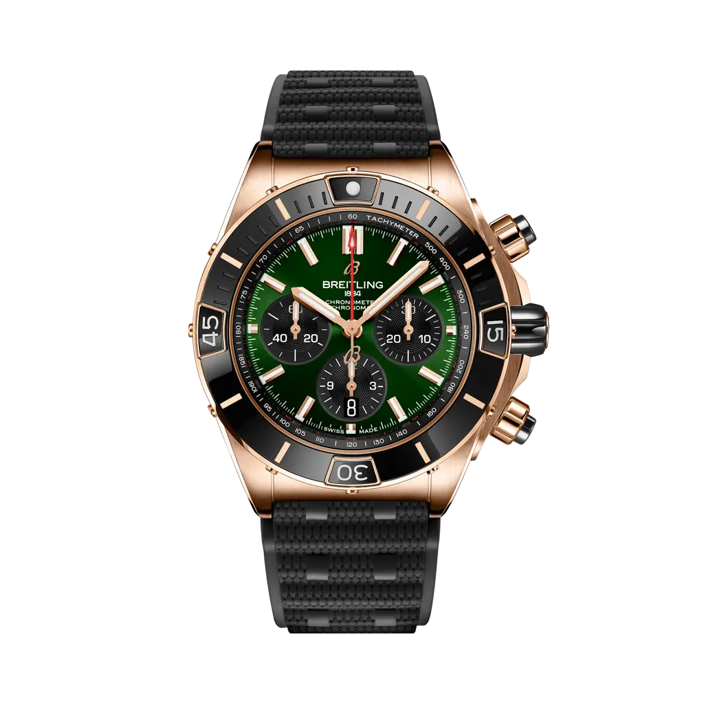 Breitling Super Chronomat B01 44 mm Green Dial 18K Red Gold Black Rubber Strap RB01361A1L1S1 - WATCHXNYC