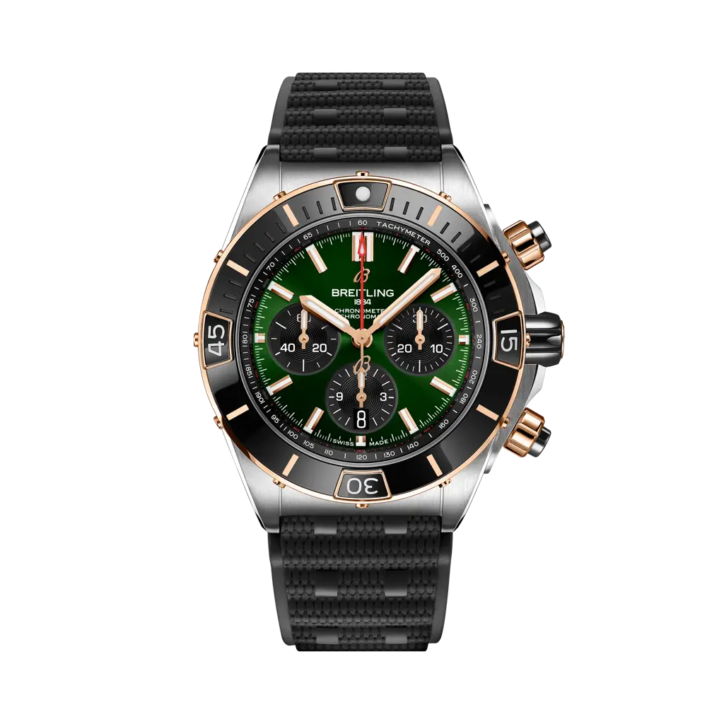 Breitling Super Chronomat B01 44 mm Green Dial Stainless Steel & 18K Red Gold Black Rubber Strap UB0136251L1S1 - WATCHXNYC