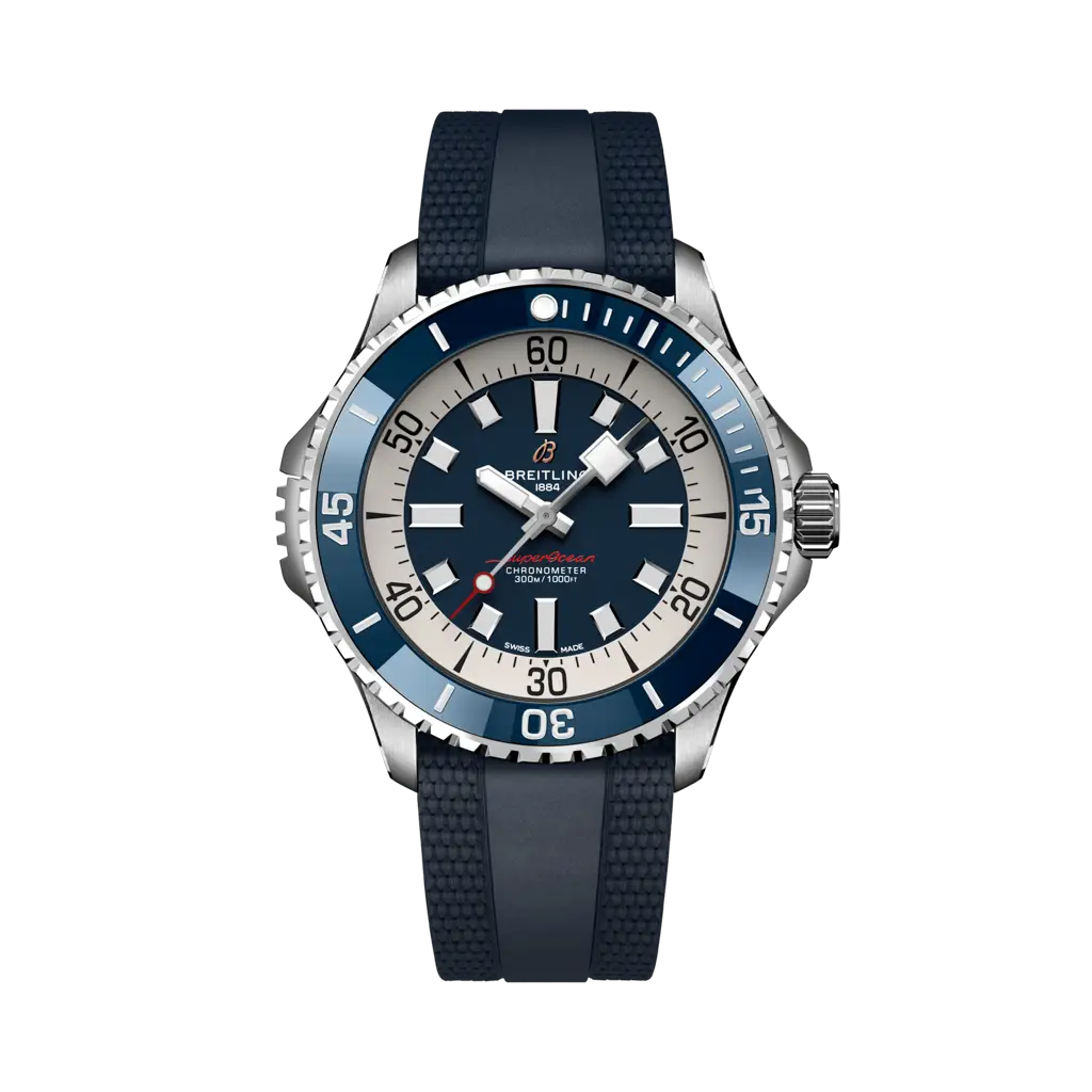 Breitling Superocean Automatic 46 mm  White And Blue Dial Stainless Steel Rubber Blue Strap A17378E71C1S1 - WATCHXNYC