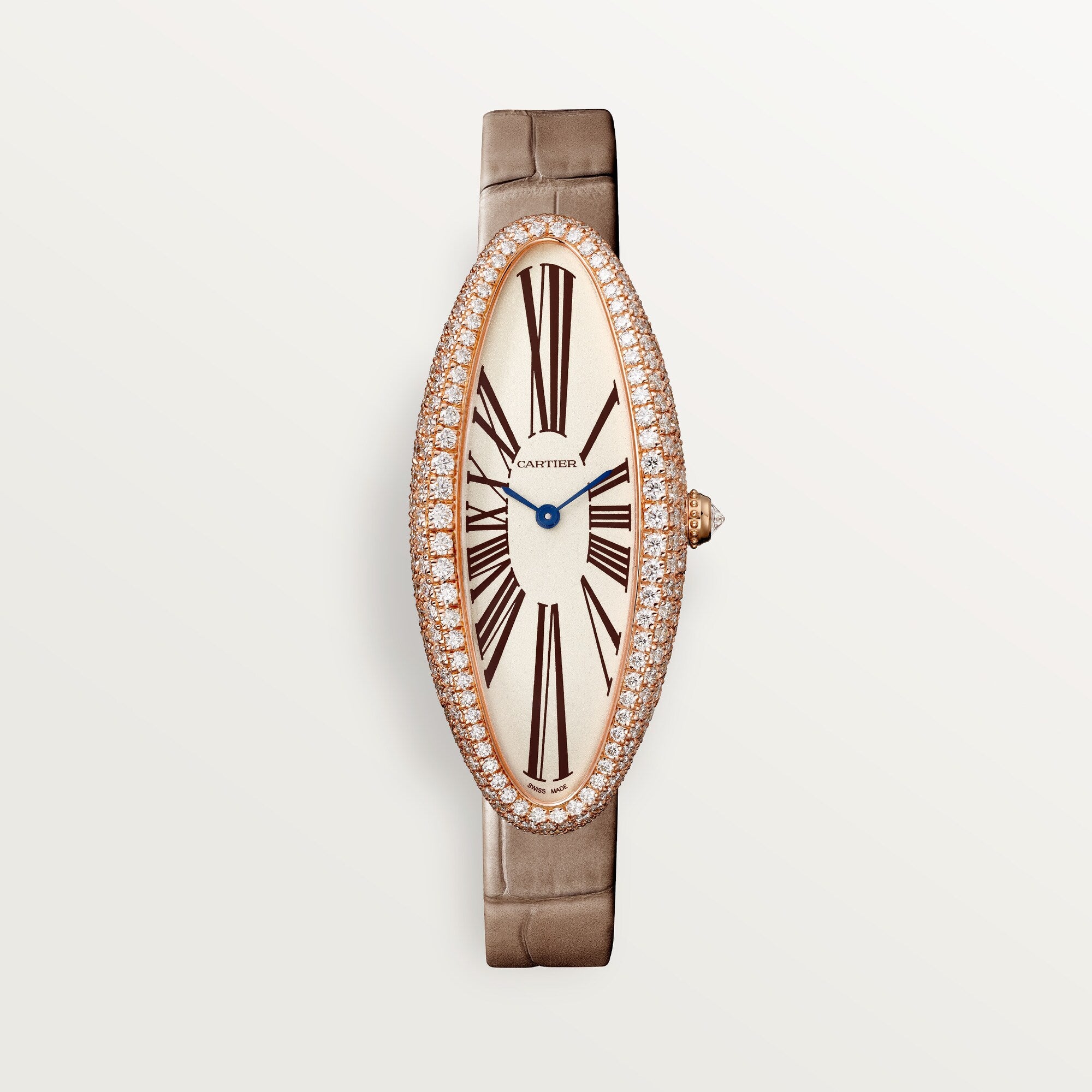Cartier Baignoire Allongée Medium 18k Rose Gold Silver Dial Taupe  Leather WJBA0006 - WATCHXNYC