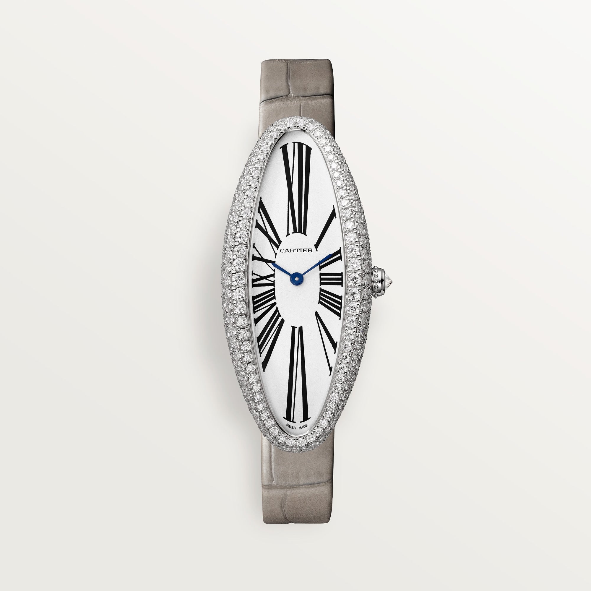 Cartier Baignoire Allongée Medium 18k White Gold Silver Dial Light Gray Leather - WATCHXNYC