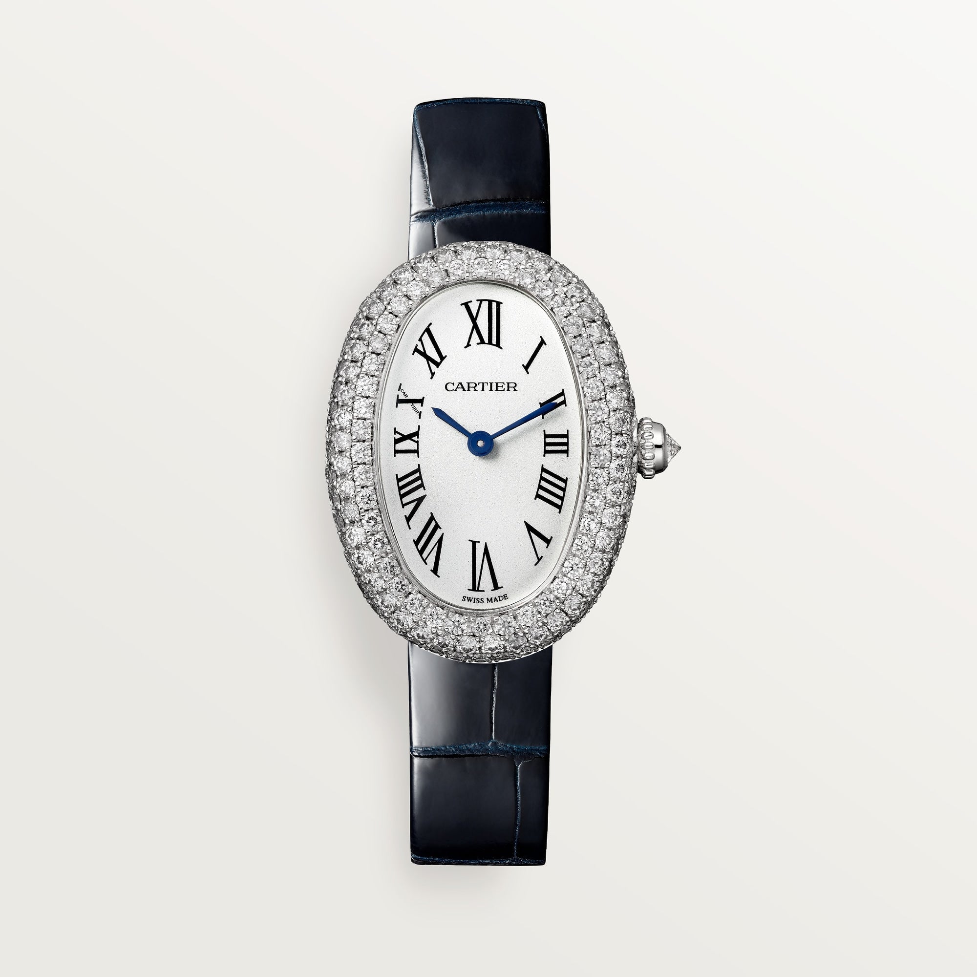 Cartier Baignoire Small 18k White Gold Silver Dial Navy Blue  Leather WJBA0015 - WATCHXNYC
