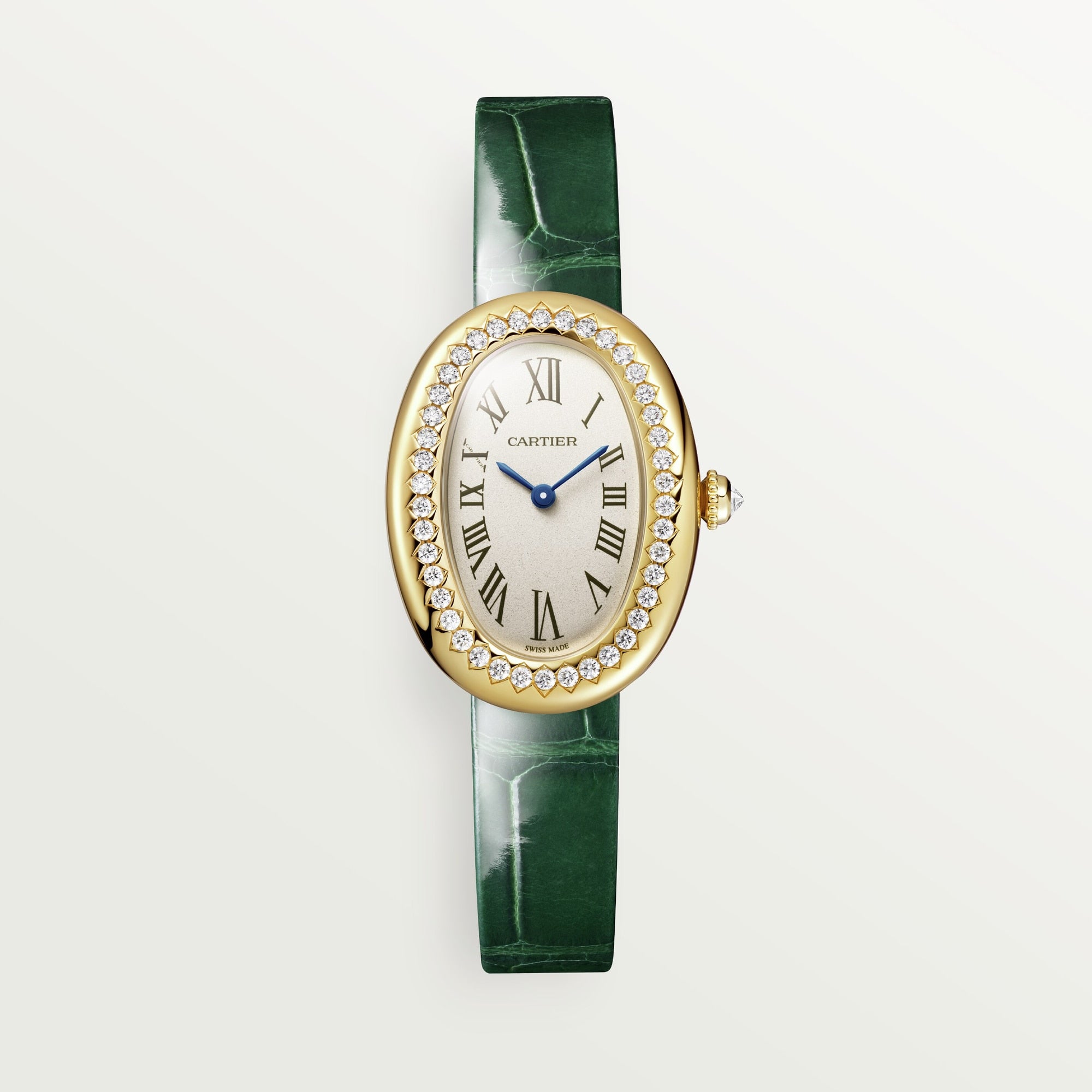 Cartier Baignoire Small 18k Yellow Gold Silver Dial Varnished Green  Skin Strap WJBA0038 - WATCHXNYC