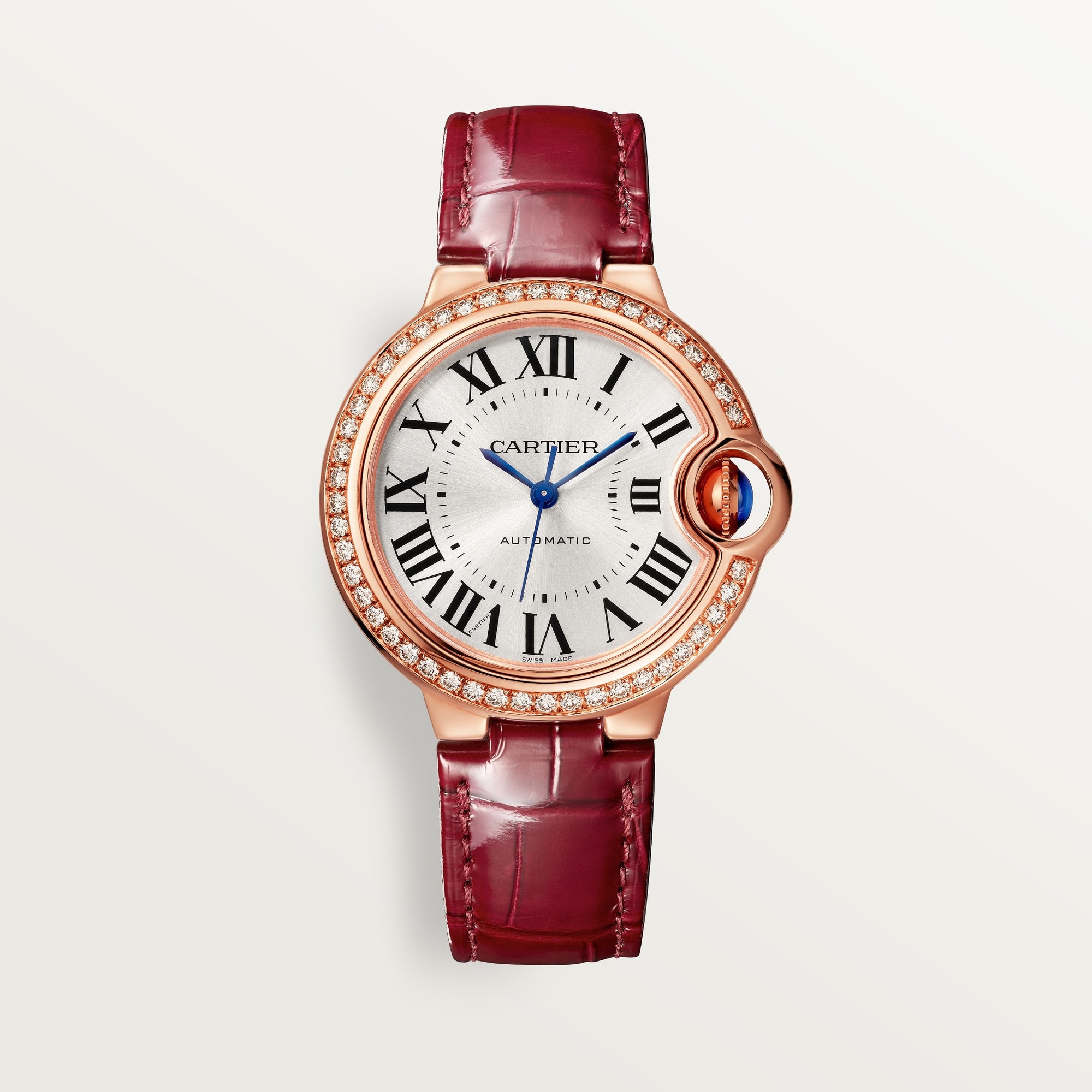 Cartier Ballon Bleu 33 mm 18k Rose Gold Silver Sunray Dial Steel Burgundy  Leather Strap WJBB0033 - WATCHXNYC