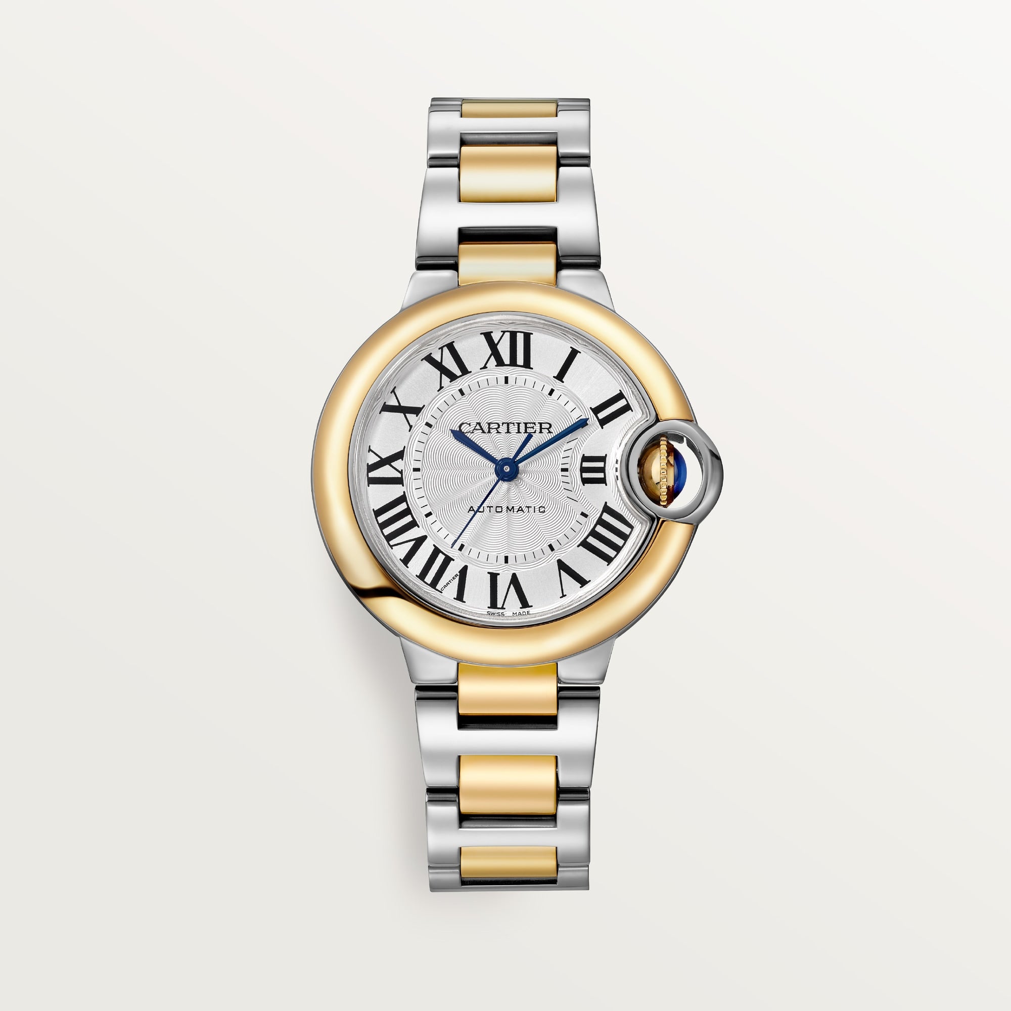 Cartier Ballon Bleu 33 mm 18k Yellow Gold Silver Dial Steel Bracelet W2BB0037 - WATCHXNYC
