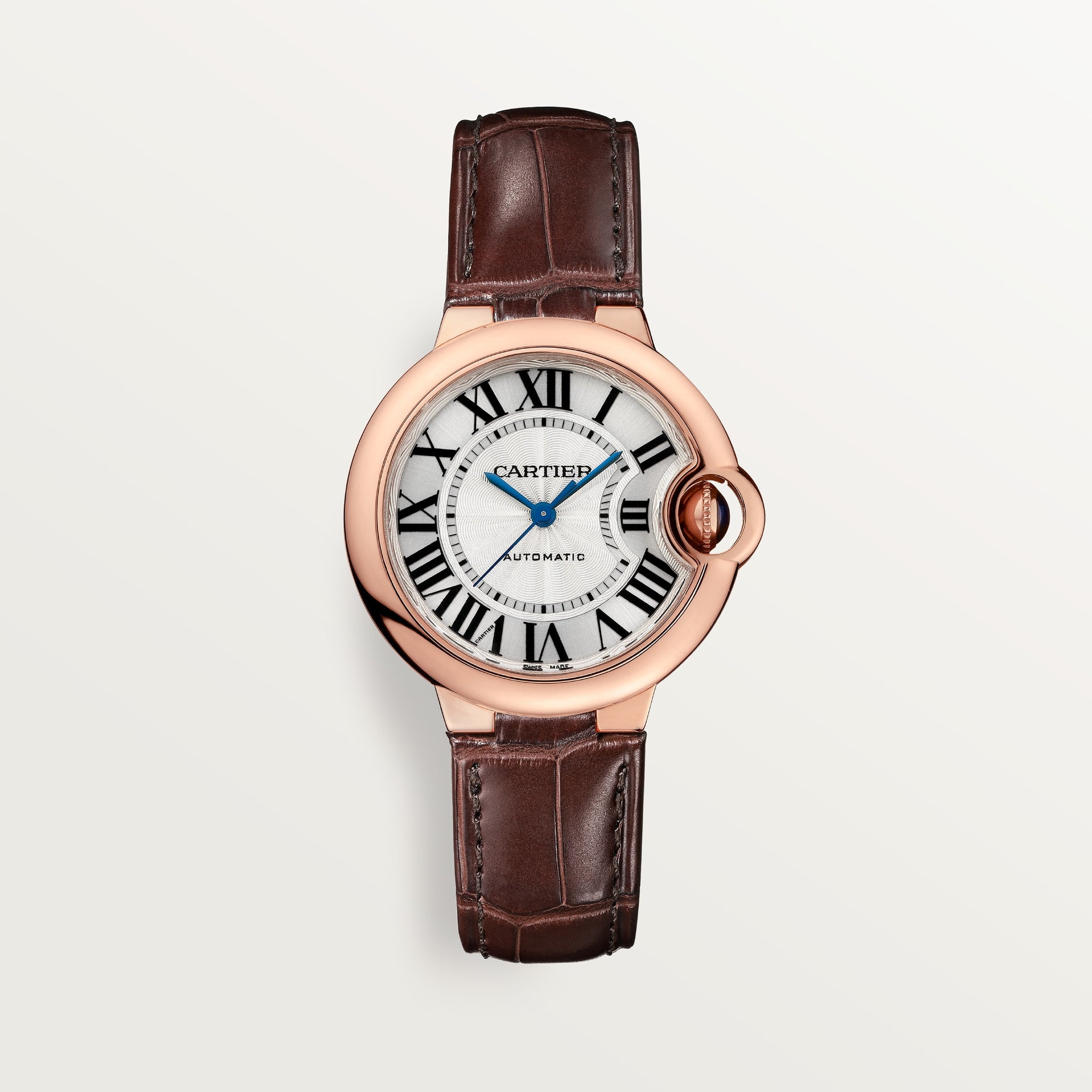 Cartier Ballon Bleu 33 mm Rose Gold Silver Dial  Leather W6920097 - WATCHXNYC