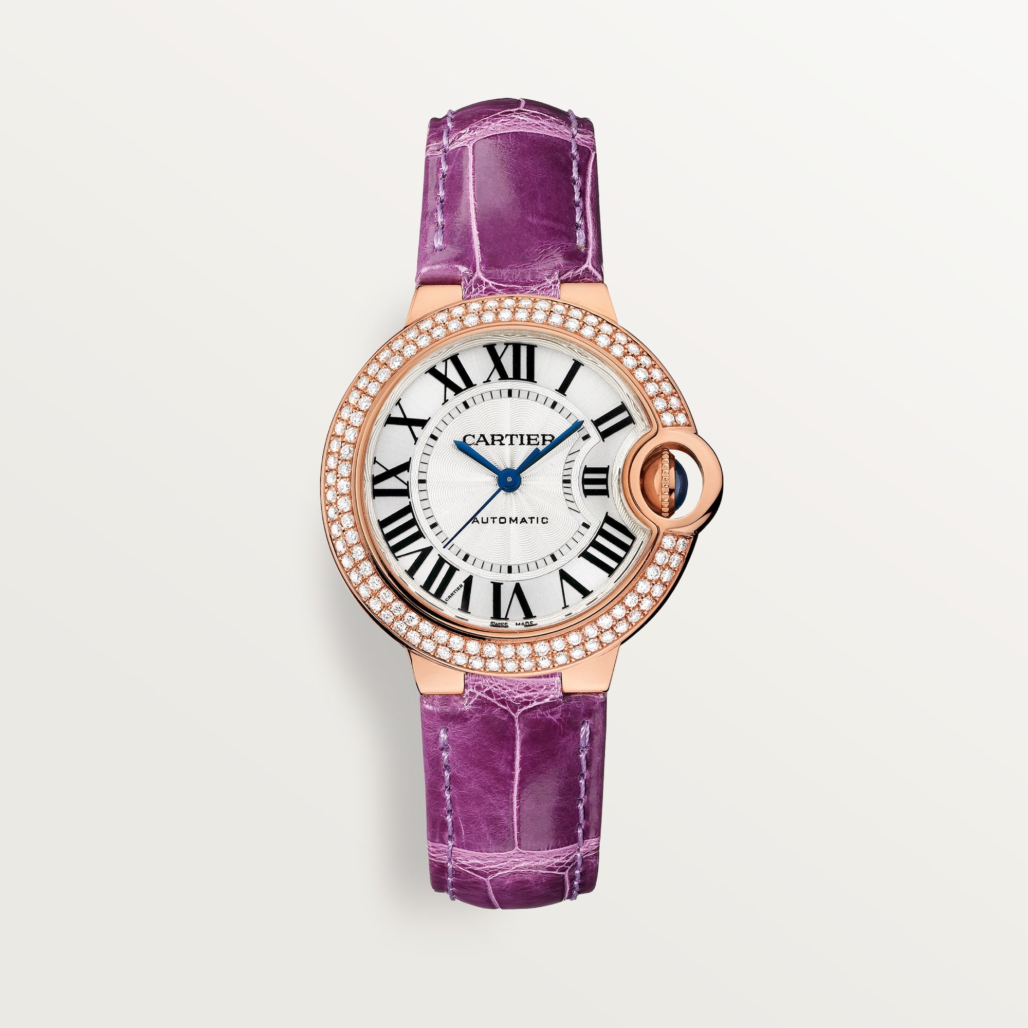 Cartier Ballon Bleu 33 mm Rose Gold Silver Dial Purple  Leather Strap WJBB0051 - WATCHXNYC