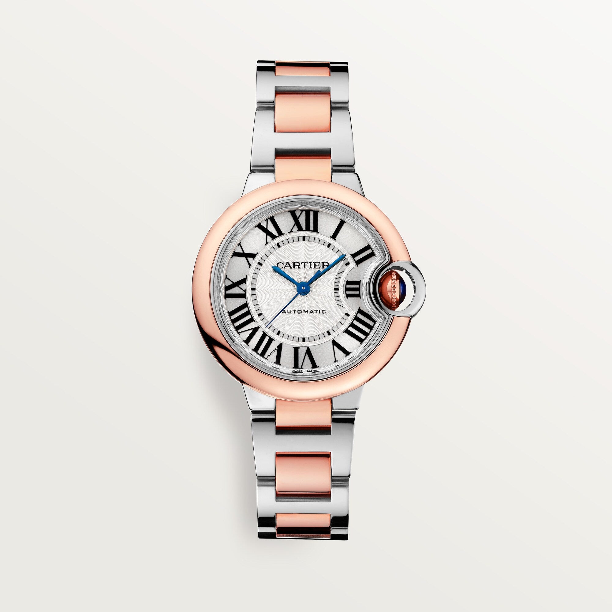 Cartier Ballon Bleu 33 mm Rose Gold Silver Dial Steel Bracelet W2BB0032 - WATCHXNYC