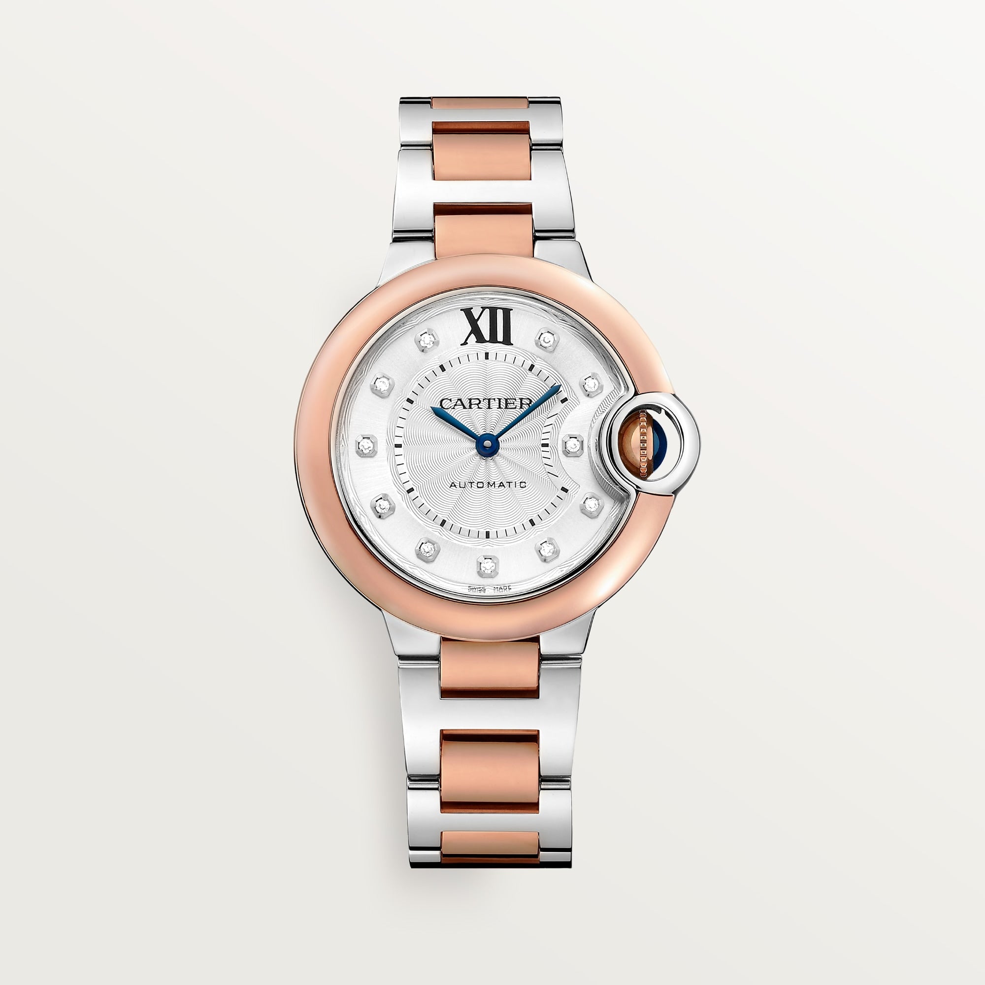 Cartier Ballon Bleu 33 mm Rose Gold Silver Dial Steel Bracelet W3BB0021 - WATCHXNYC