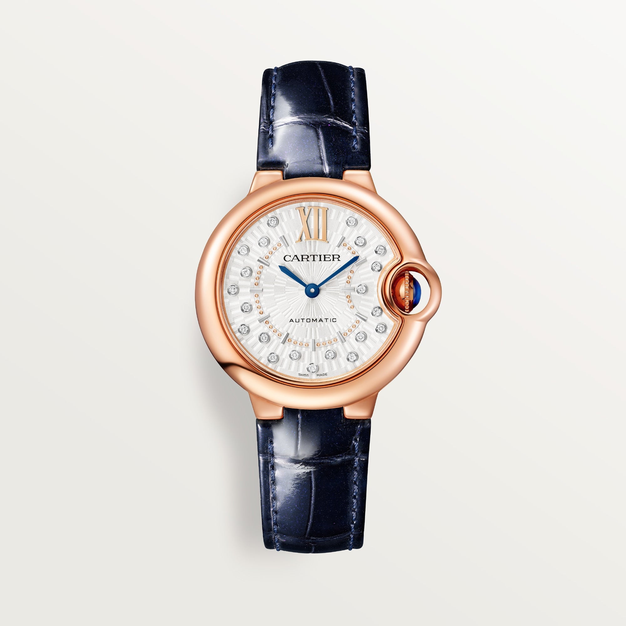 Cartier Ballon Bleu 33 mm Rose Gold Silver Sunray Dial Blue  Leather WGBB0052 - WATCHXNYC