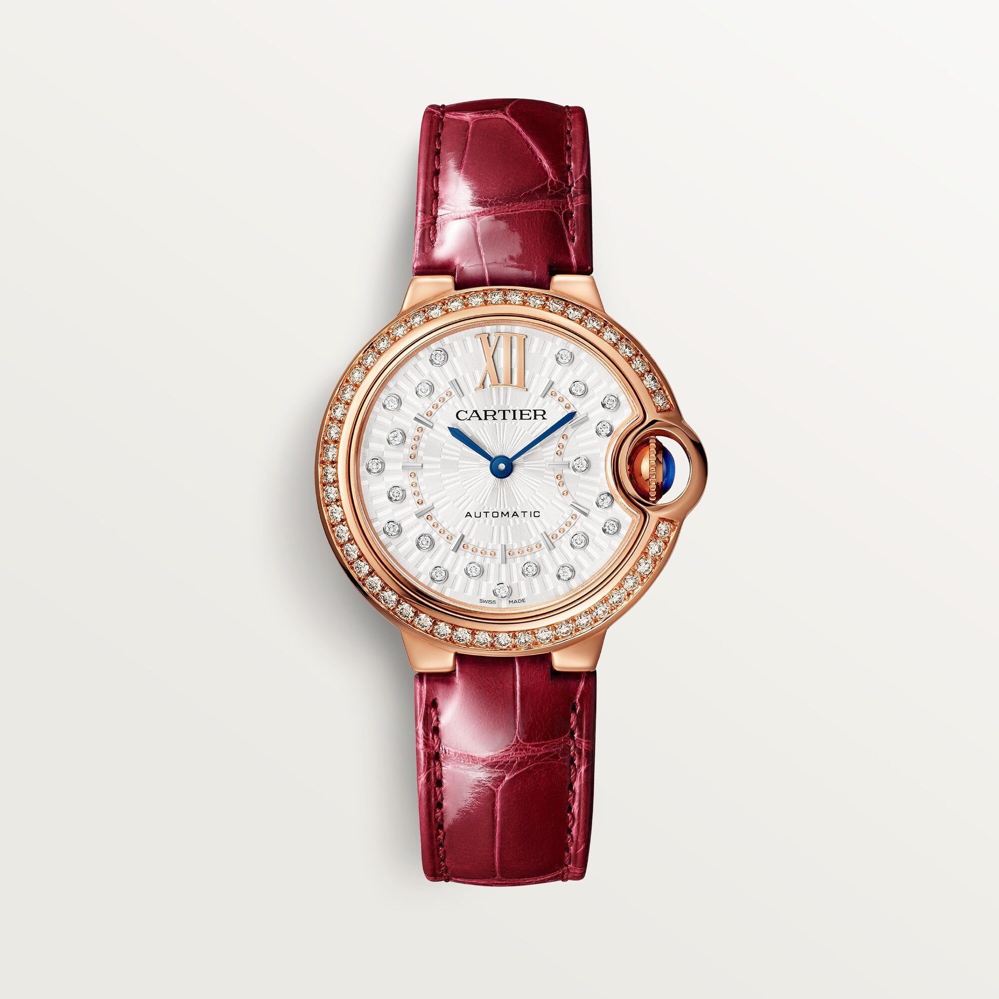 Cartier Ballon Bleu 33 mm Rose Gold Silver Sunray Dial Burgundy Leather Strap WJBB0080 - WATCHXNYC
