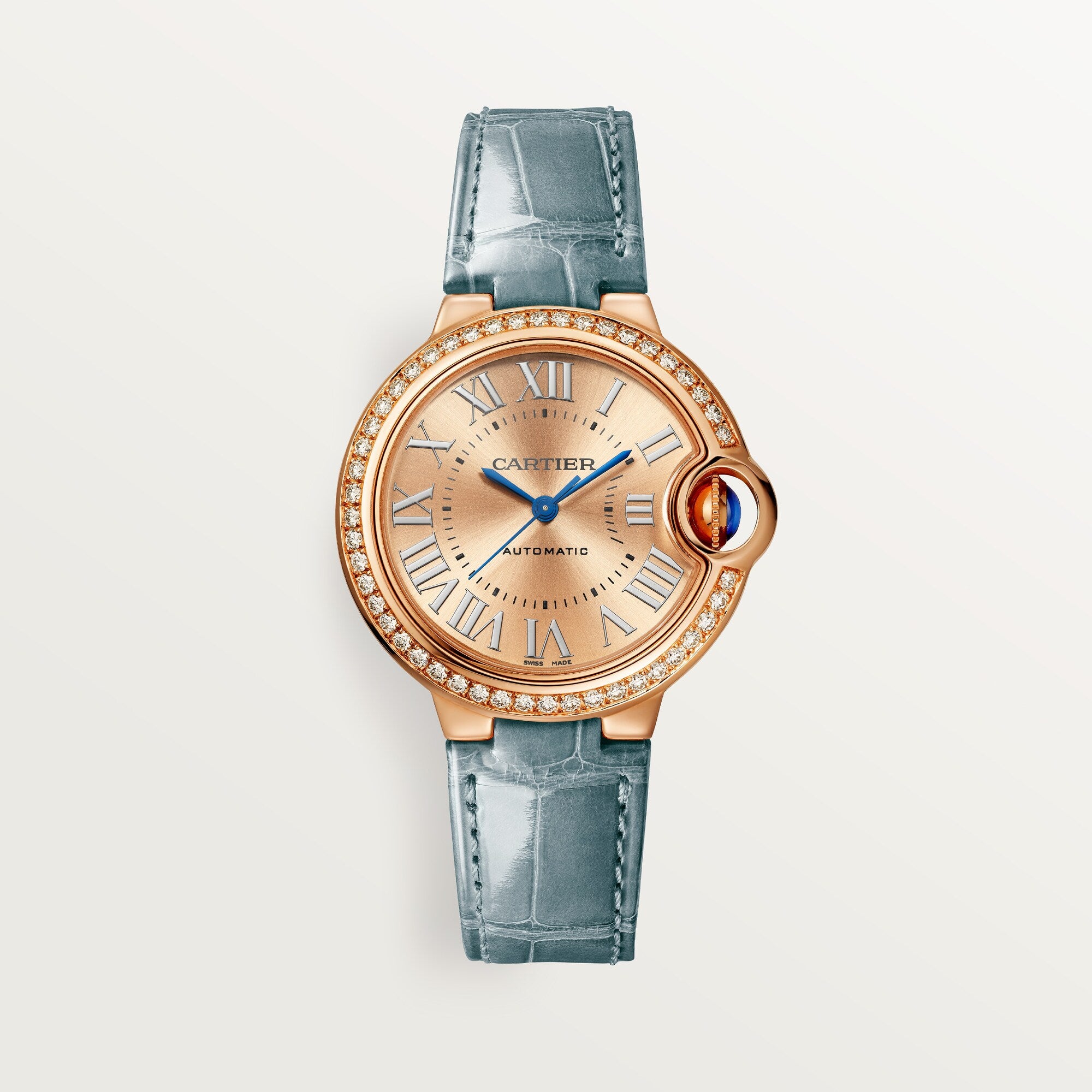 Cartier Ballon Bleu 33 mm Rose Gold Sunray Dial Gray  Leather Strap WJBB0076 - WATCHXNYC