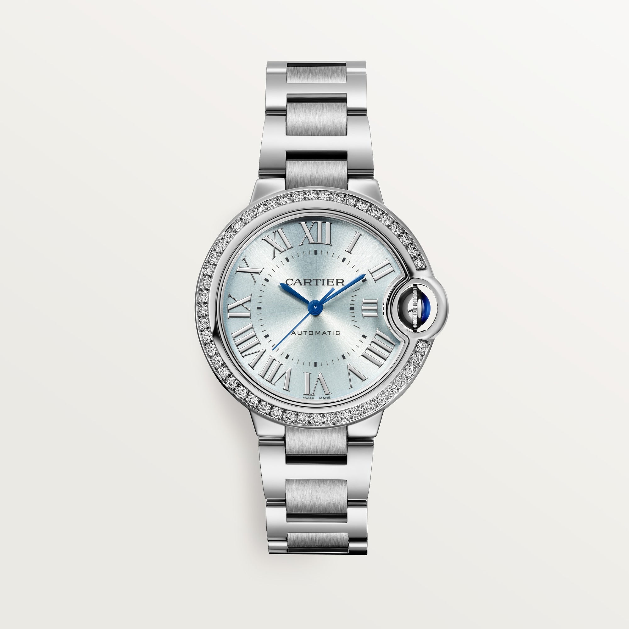 Cartier Ballon Bleu 33 mm Steel Blue Silver Sunray Dial Bracelet W4BB0028 - WATCHXNYC
