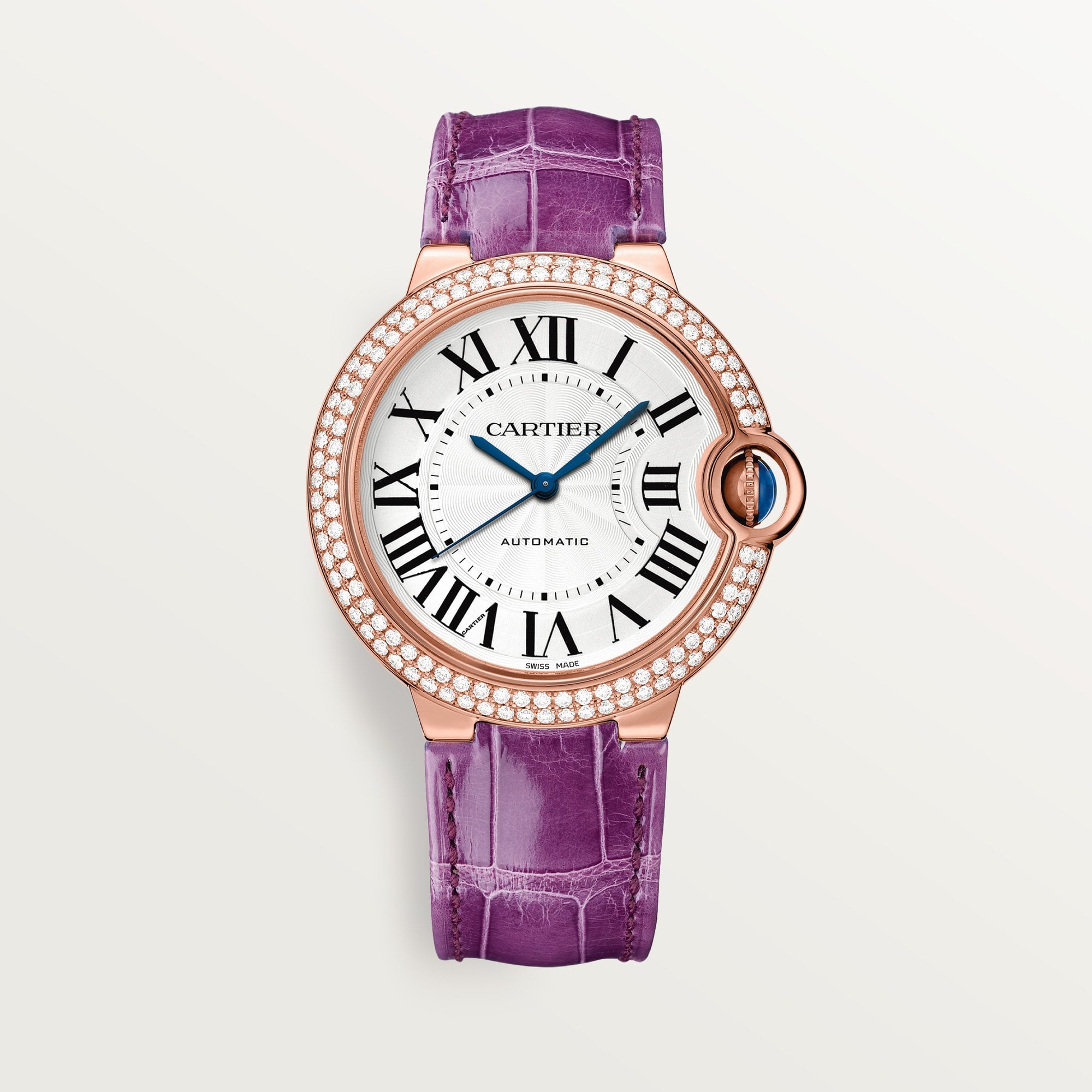 Cartier Ballon Bleu 36 mm Rose Gold Silver Dial Purple  Leather Strap WJBB0050 - WATCHXNYC