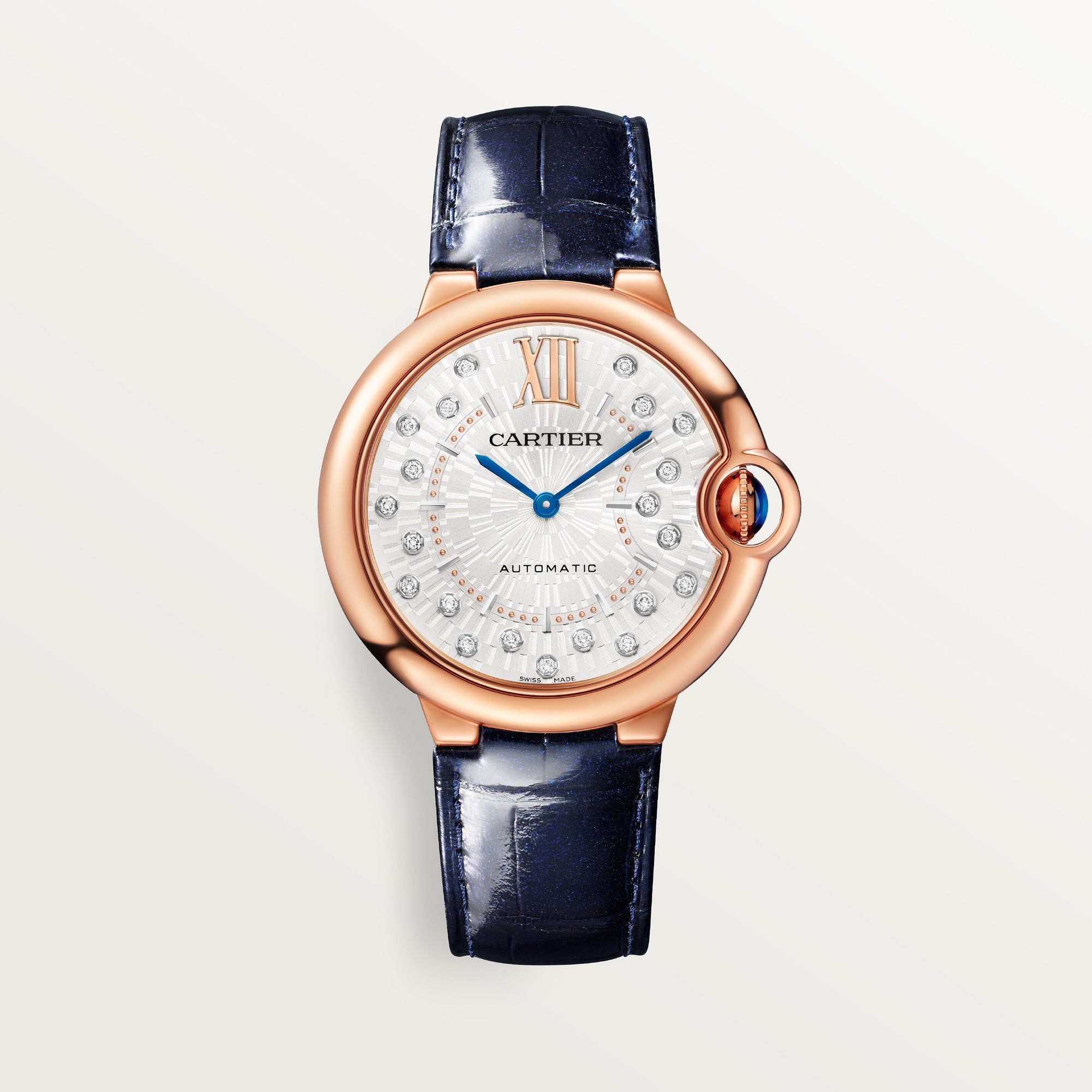 Cartier Ballon Bleu 36 mm Rose Gold Silver Sunray Dial Blue  Leather WGBB0053 - WATCHXNYC