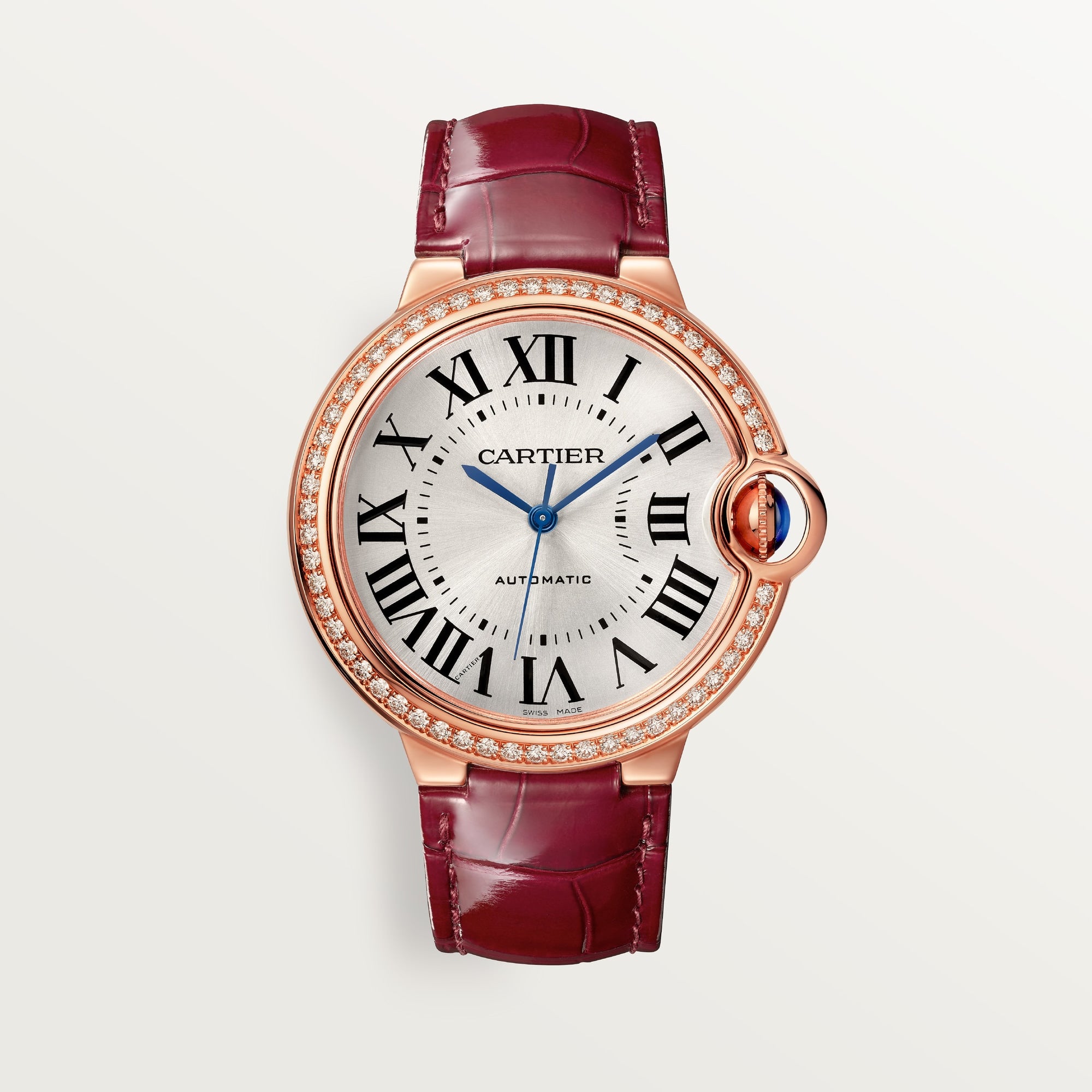 Cartier Ballon Bleu 36 mm Rose Gold Silver Sunray Dial Burgundy  Leather Strap WJBB0034 - WATCHXNYC