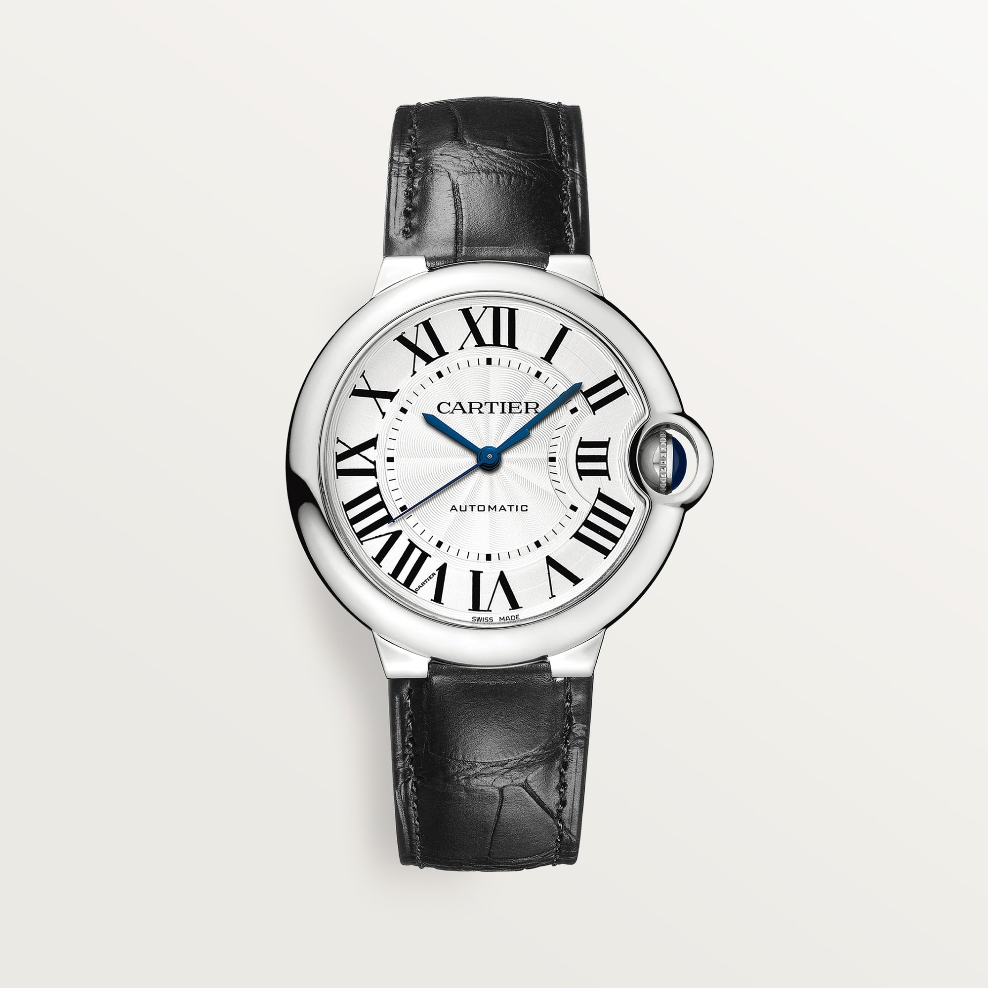 Cartier Ballon Bleu 36 mm Steel Silver Dial Black  Leather Strap WSBB0028 - WATCHXNYC