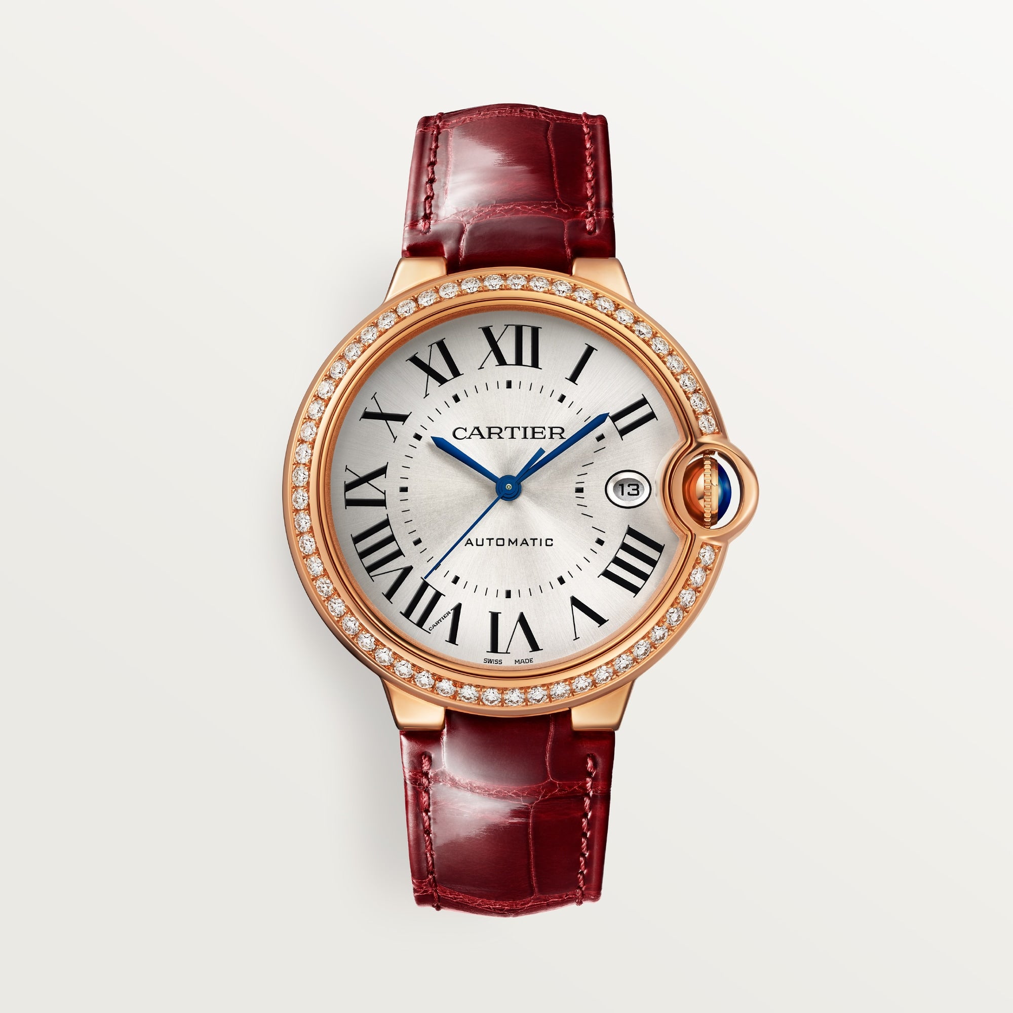 Cartier Ballon Bleu 40 mm 18k Rose Gold Silver Dial Burgundy  Strap WJBB0056 - WATCHXNYC