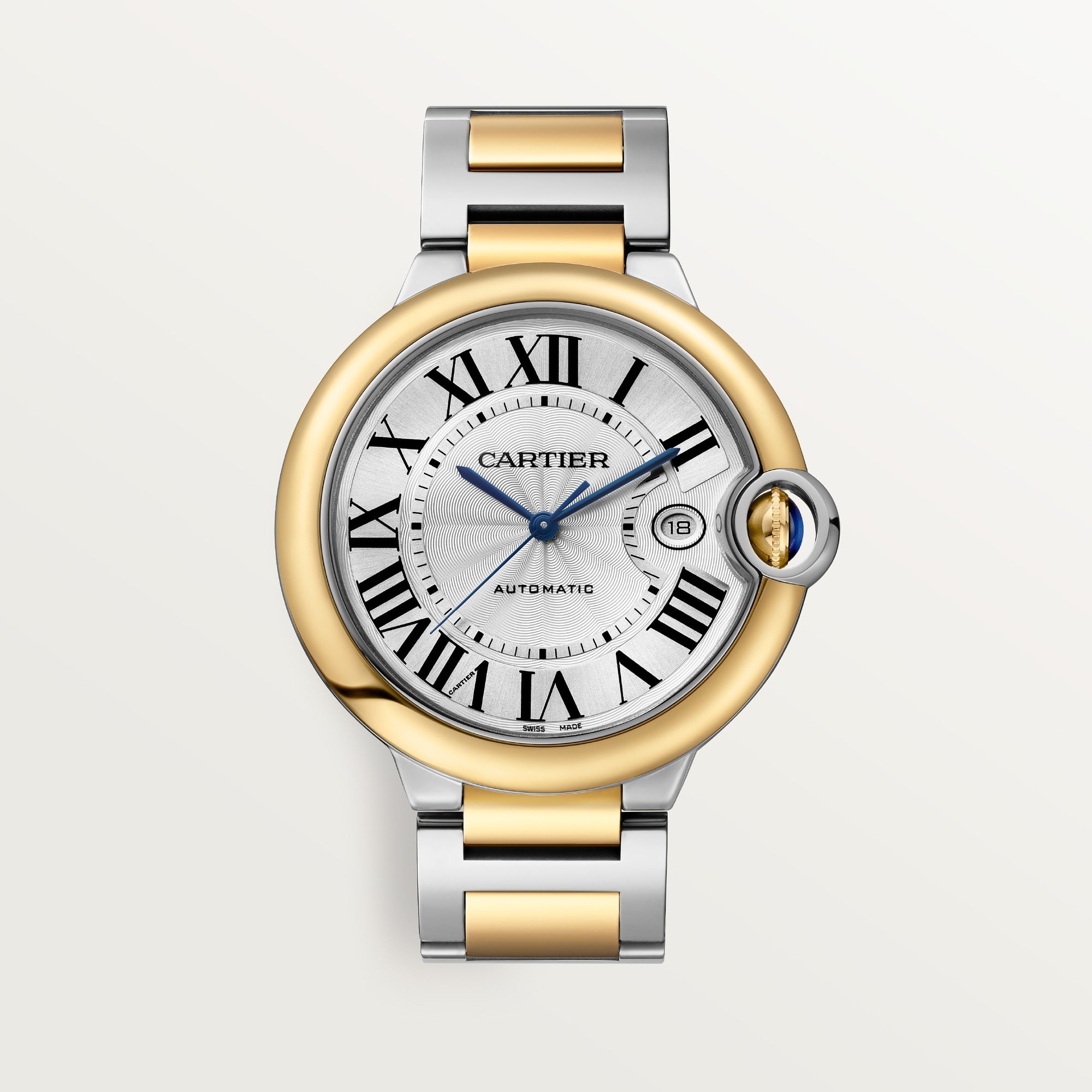Cartier Ballon Bleu 42 mm 18k Yellow Gold Silver Dial Steel Bracelet W2BB0039 - WATCHXNYC