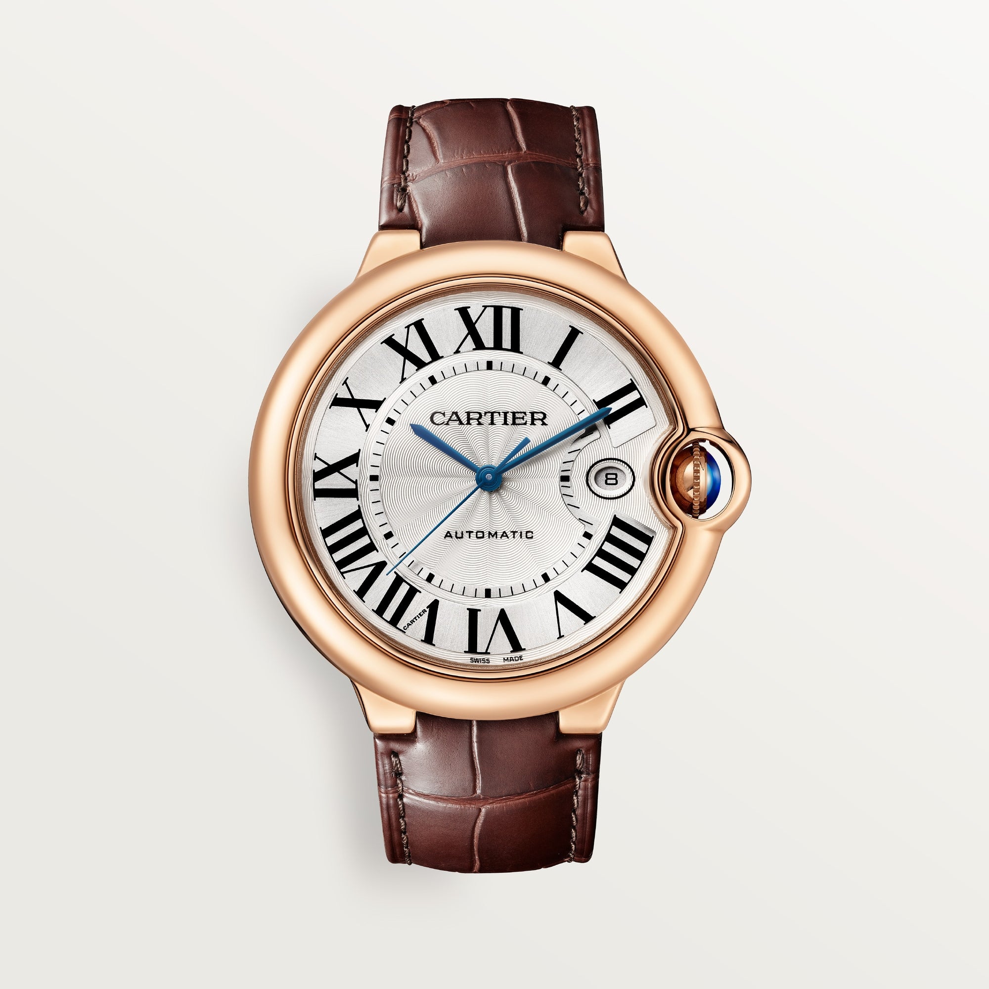 Cartier Ballon Bleu 42 mm Rose Gold Silver Dial Brown  Leather Strap WGBB0030 - WATCHXNYC
