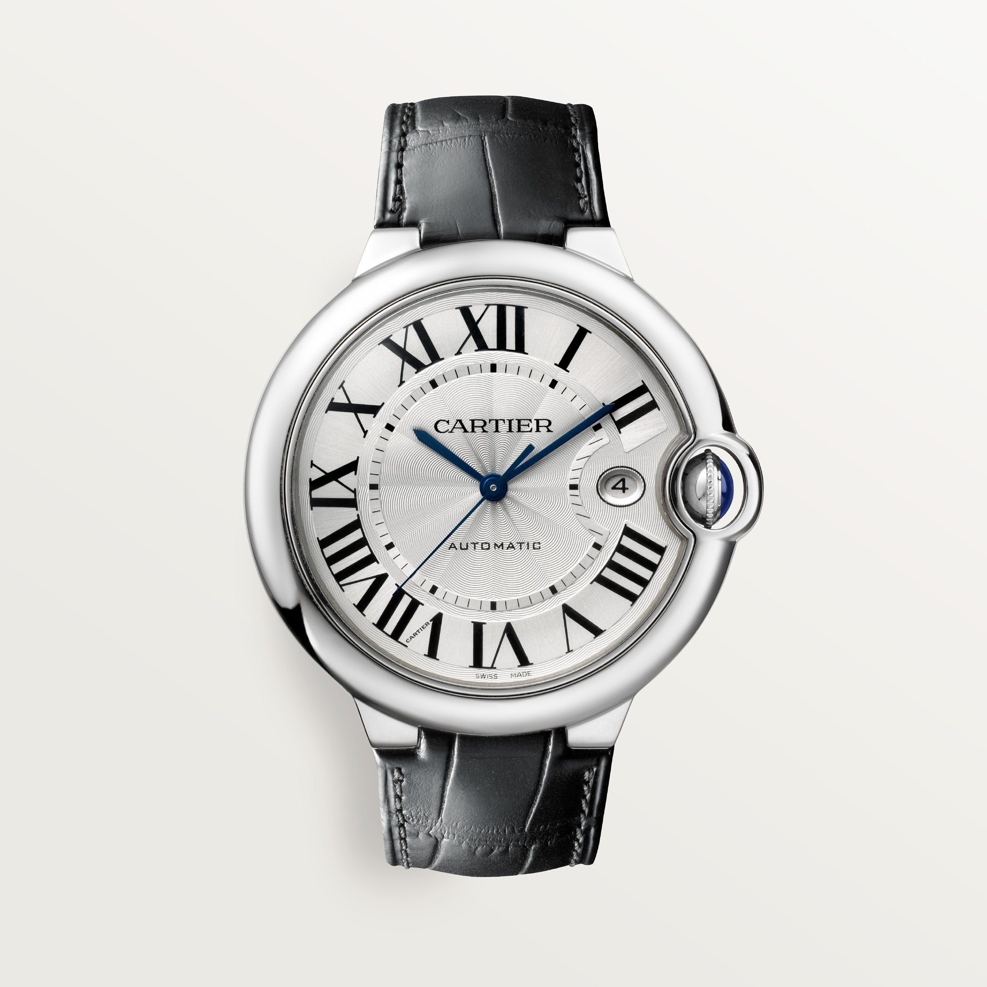 Cartier Ballon Bleu 42 mm Steel Silver Dial Black  Leather Strap WSBB0026 - WATCHXNYC