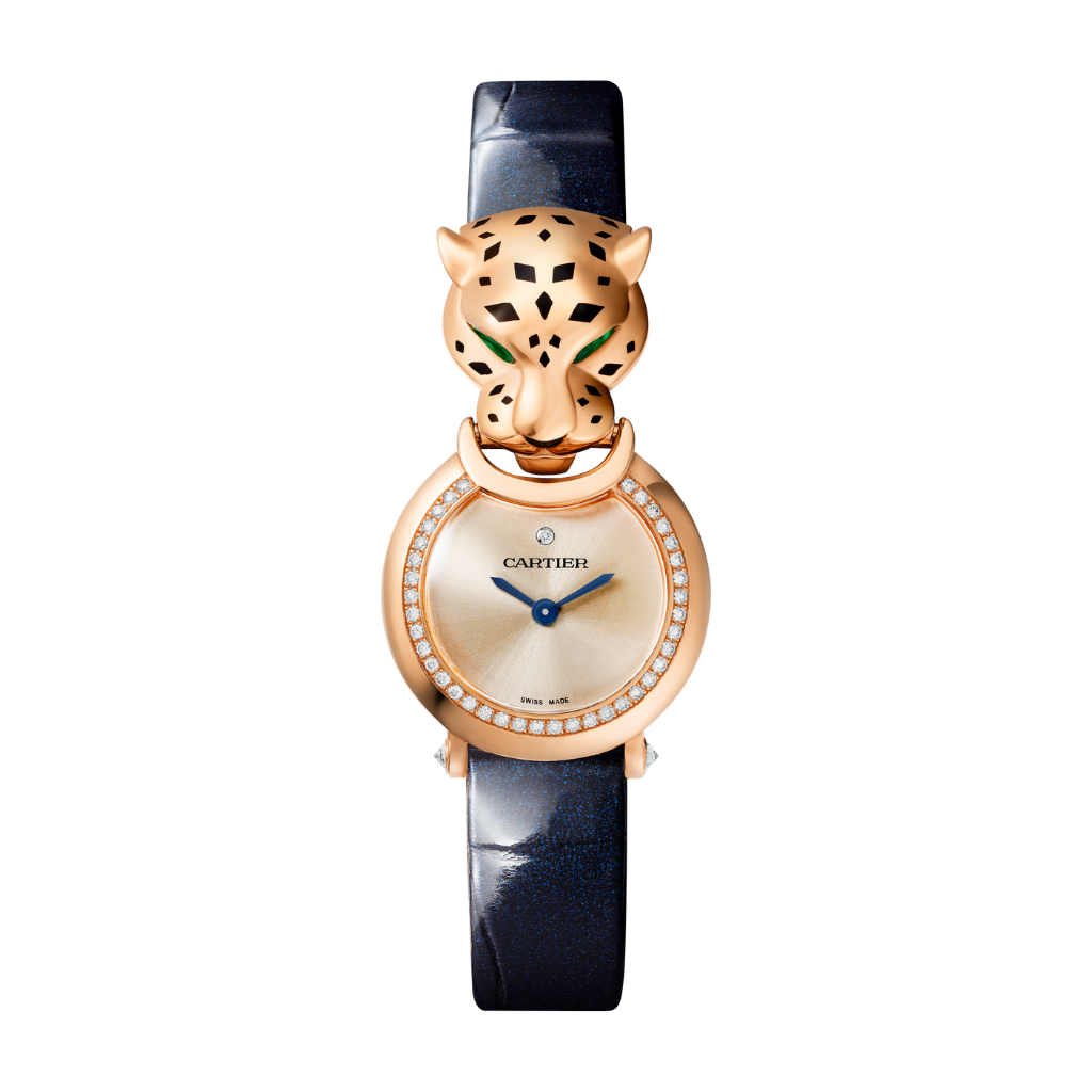 Cartier Panthère 23.6 mm 18k Rose Gold Golden Dial Blue  Leather Strap HPI01609 - WATCHXNYC